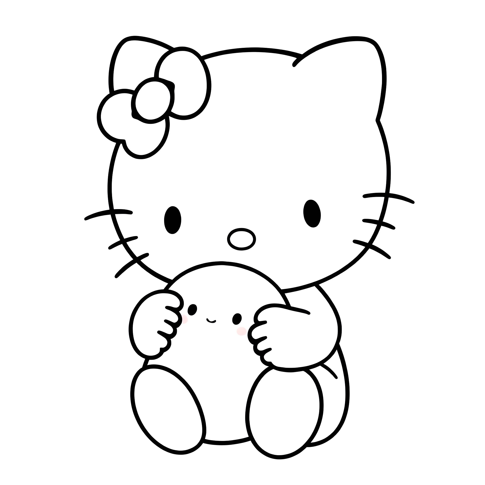 Hello Kitty holding a small plush toy Coloring Page (free black-and-white line drawing printable PDF for all, from beginners to advanced learners, including children, teens, adults, and seniors)