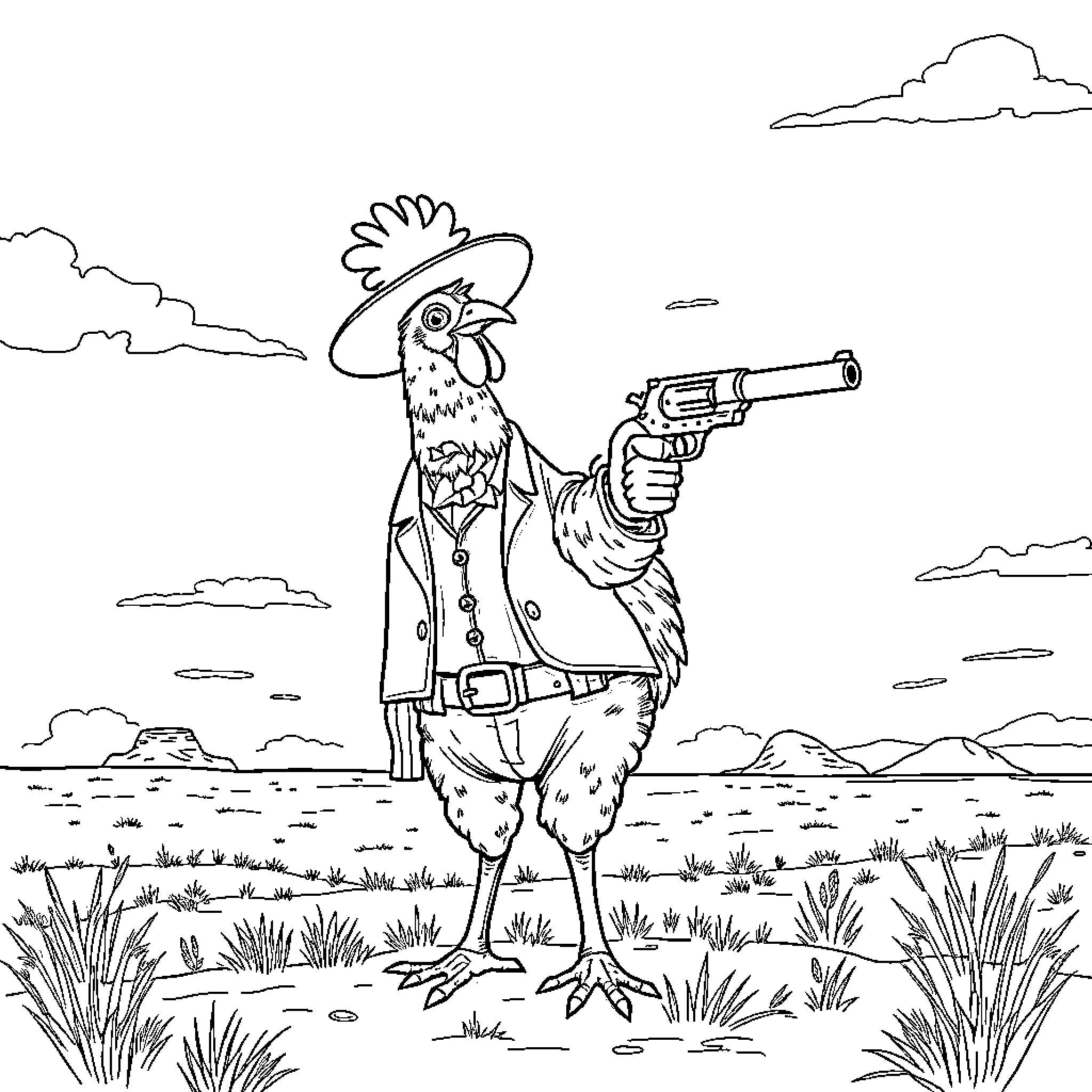 Chicken cowboy with pistol in the desert Coloring Page (free black-and-white line drawing printable PDF for all, from beginners to advanced learners, including children, teens, adults, and seniors)