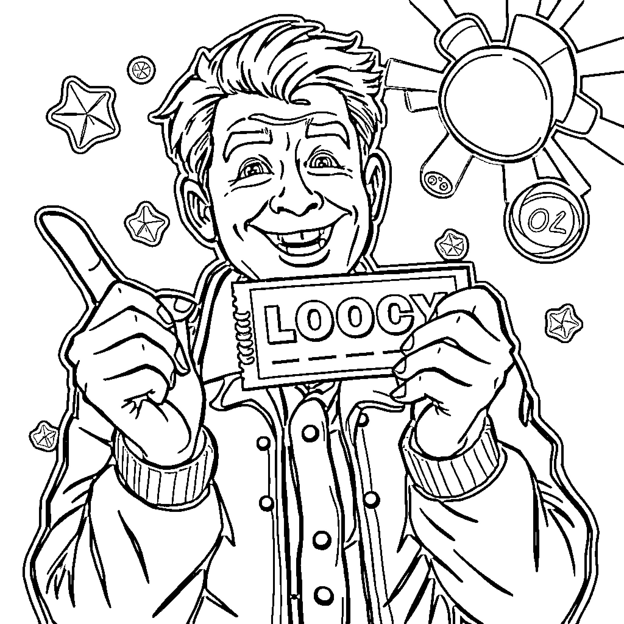 Luck finds smiling man with newspaper headline Coloring Page (free black-and-white line drawing printable PDF for all, from beginners to advanced learners, including children, teens, adults, and seniors)