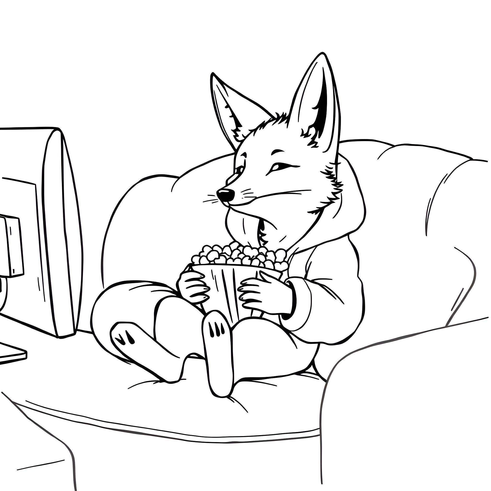 Fox relaxing on the couch while enjoying a snack Coloring Page (free black-and-white line drawing printable PDF for all, from beginners to advanced learners, including children, teens, adults, and seniors)