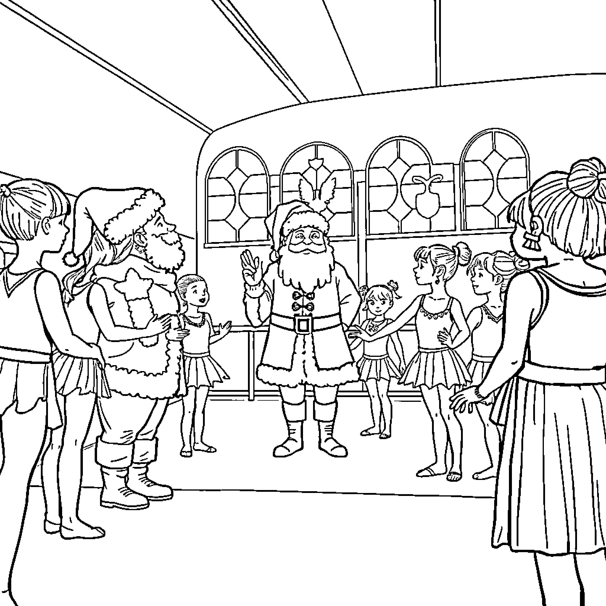 Sinterklaas meeting with children in a festive hall Coloring Page (free black-and-white line drawing printable PDF for all, from beginners to advanced learners, including children, teens, adults, and seniors)