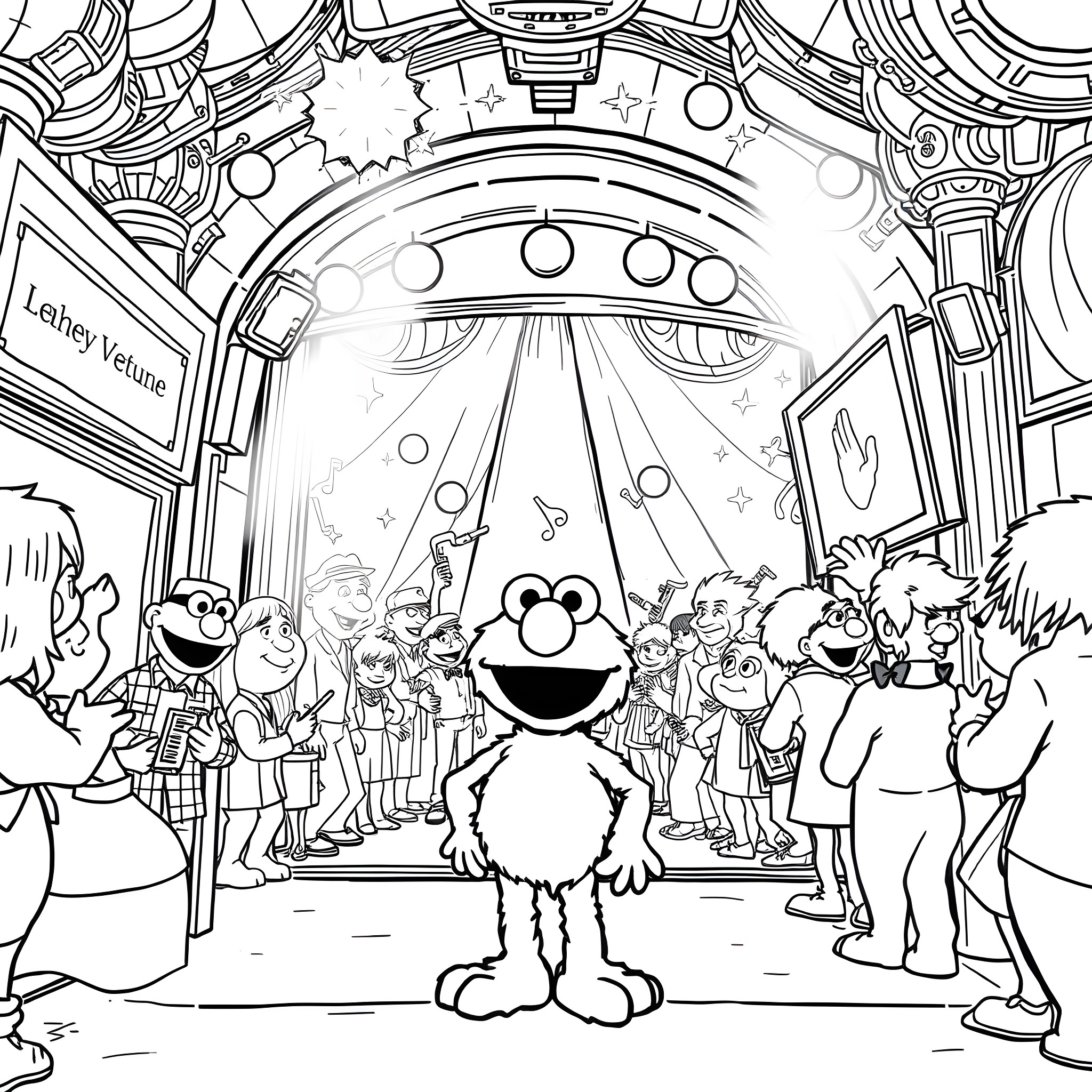 Elmo Enjoys the Carnival Festivities Coloring Page (free black-and-white line drawing printable PDF for all, from beginners to advanced learners, including children, teens, adults, and seniors)