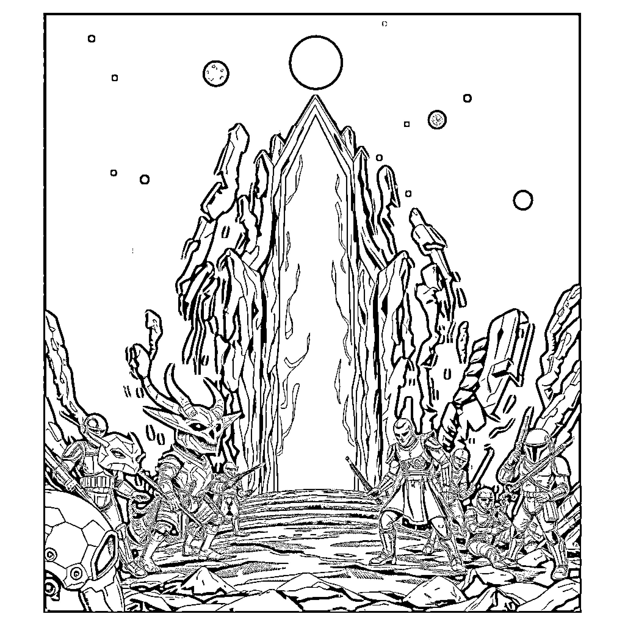 Portal to a fantastical alien landscape Coloring Page (free black-and-white line drawing printable PDF for all, from beginners to advanced learners, including children, teens, adults, and seniors)
