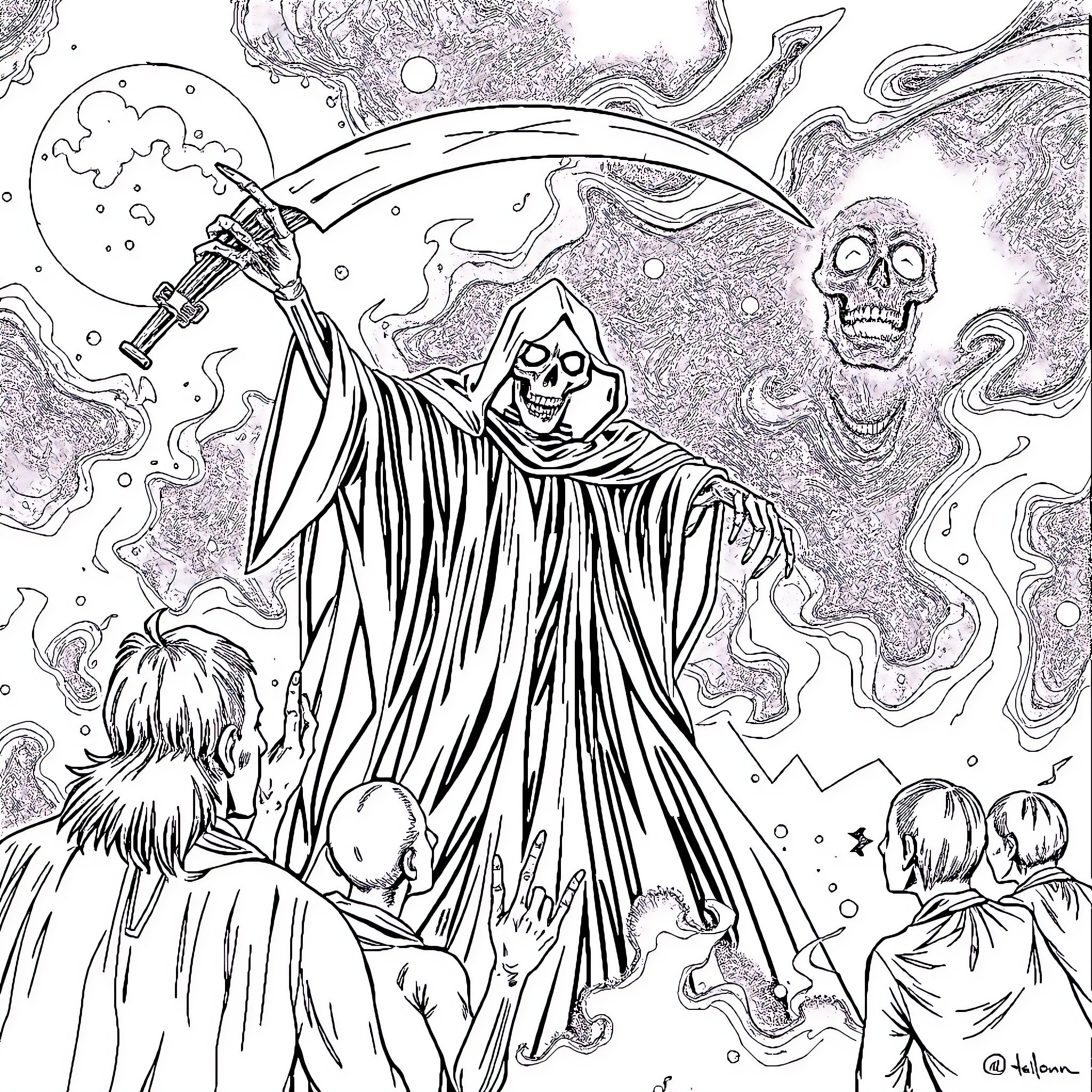 Grim Reaper ruling over the underworld with macabre elegance Coloring Page (free black-and-white line drawing printable PDF for all, from beginners to advanced learners, including children, teens, adults, and seniors)