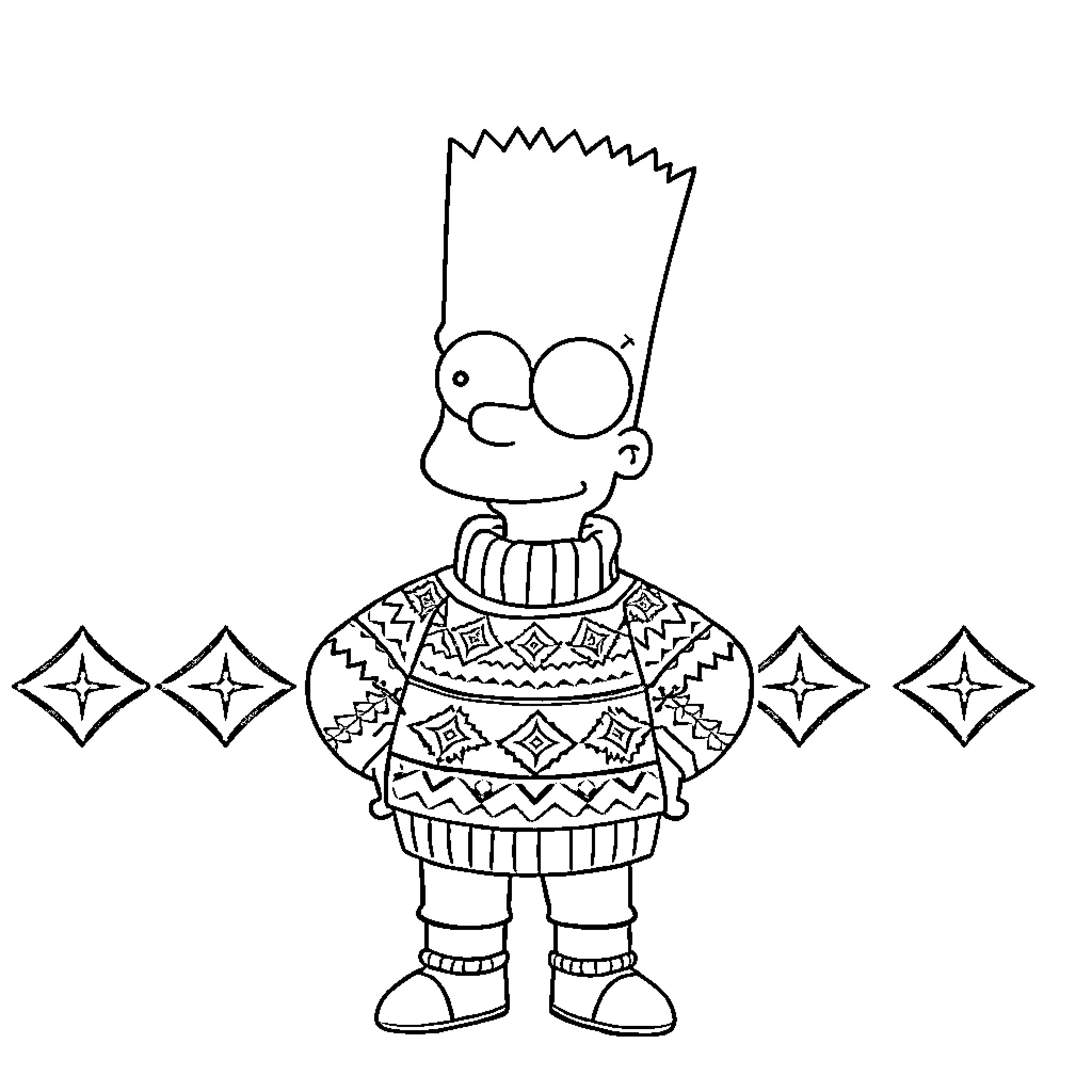 Bart Simpson in a Patterned Sweater Coloring Page (free black-and-white line drawing printable PDF for all, from beginners to advanced learners, including children, teens, adults, and seniors)
