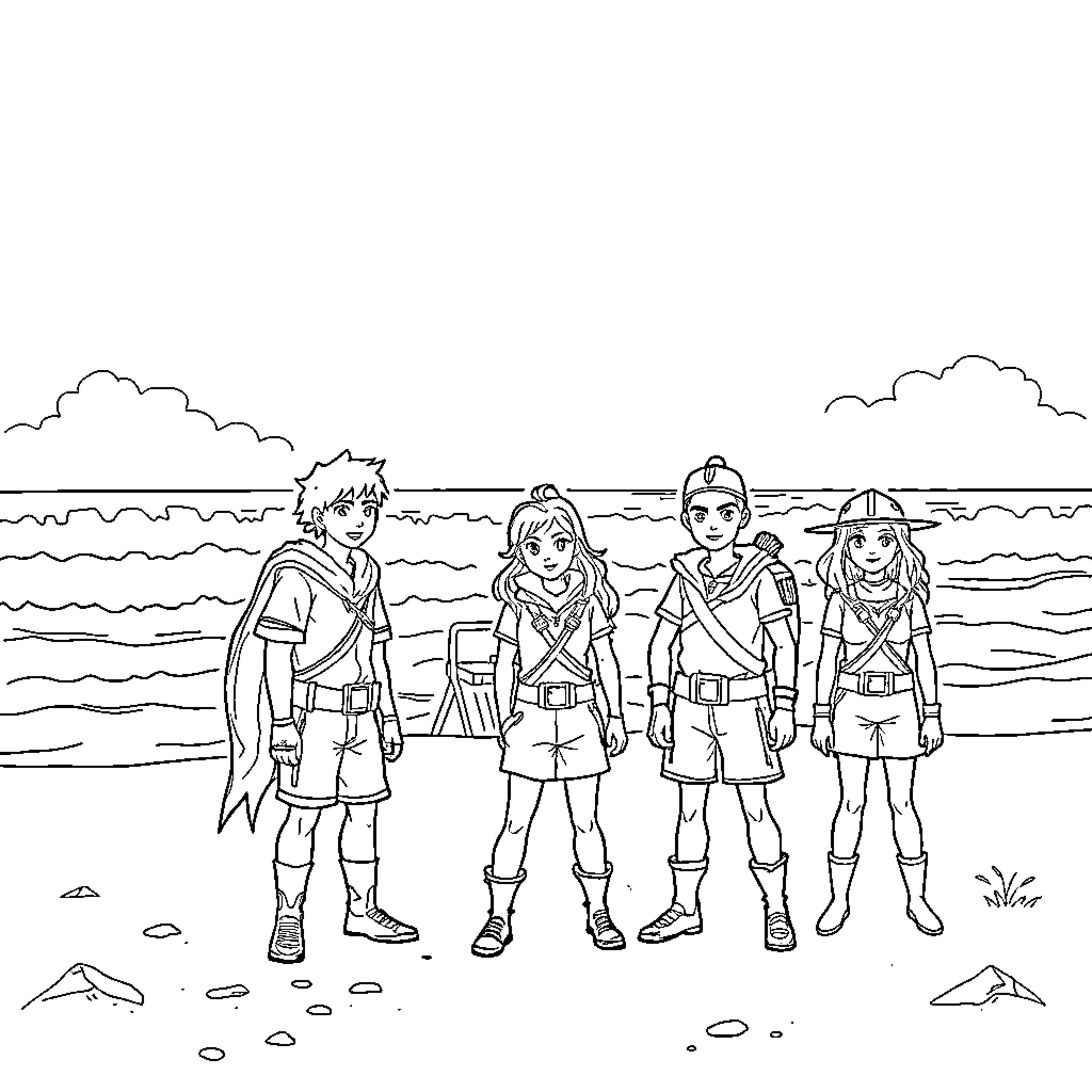 Spirit Rangers on a beach adventure Coloring Page (free black-and-white line drawing printable PDF for all, from beginners to advanced learners, including children, teens, adults, and seniors)
