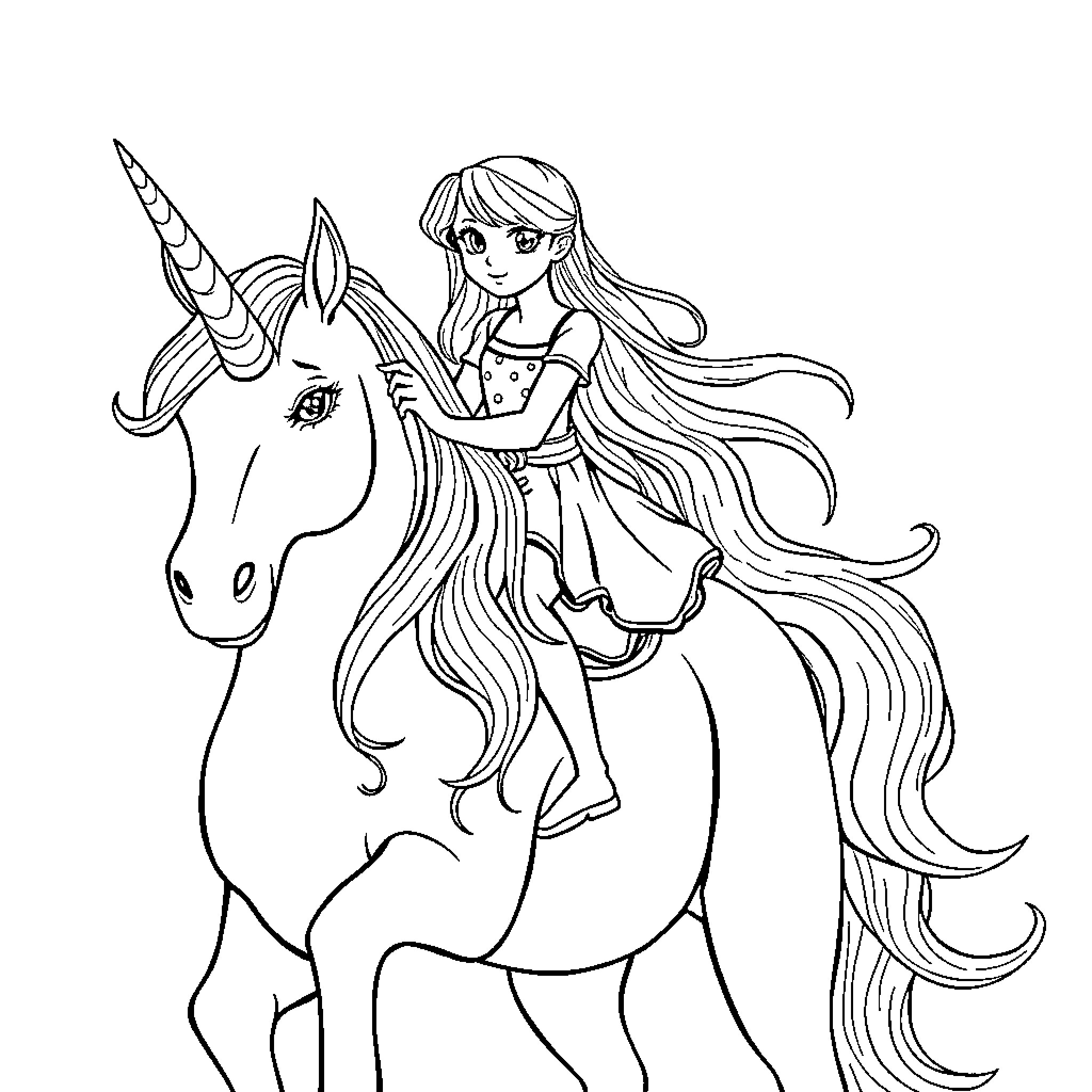 Girl riding a magical unicorn with flowing mane Coloring Page (free black-and-white line drawing printable PDF for all, from beginners to advanced learners, including children, teens, adults, and seniors)