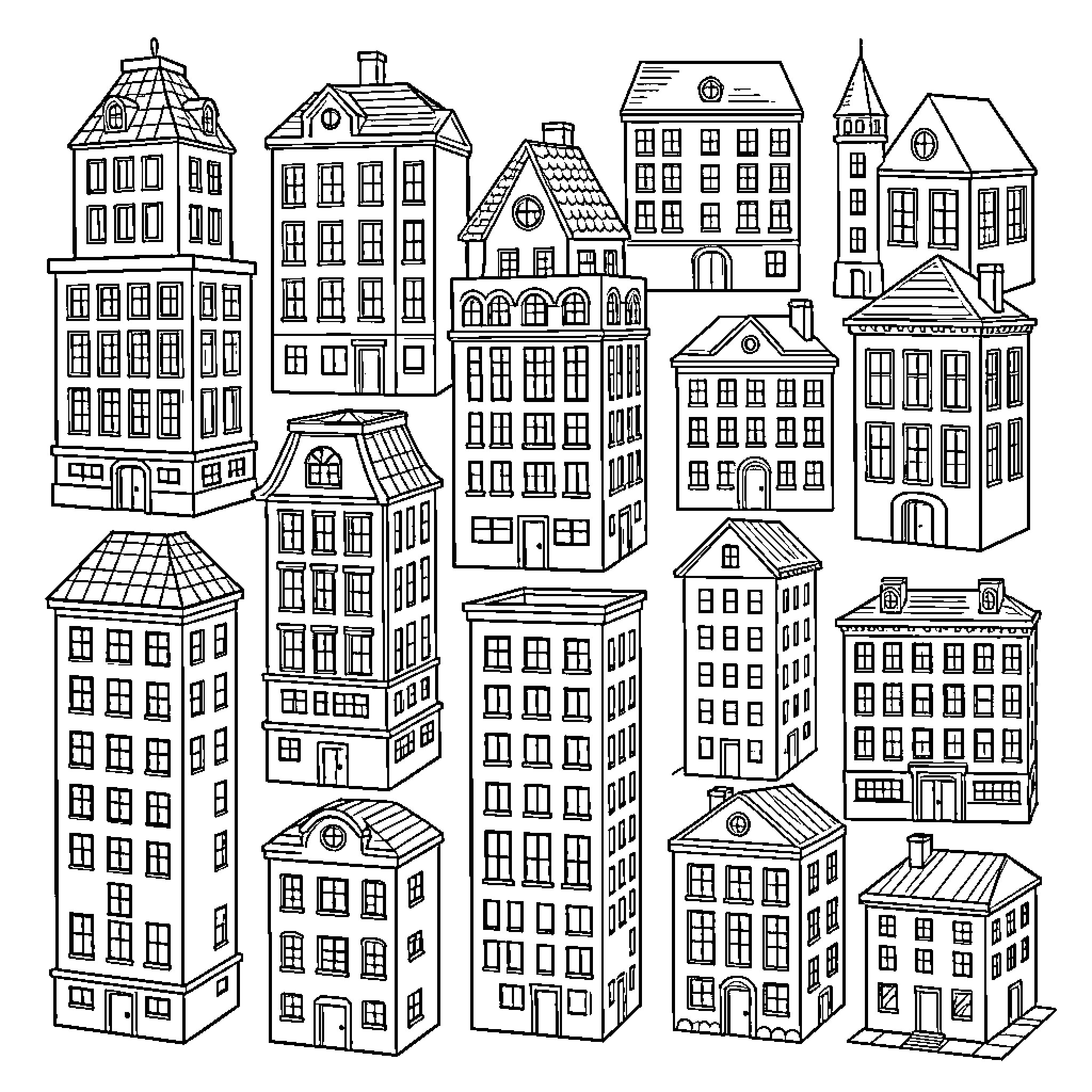 Building various tall and short houses in a cityscape Coloring Page (free black-and-white line drawing printable PDF for all, from beginners to advanced learners, including children, teens, adults, and seniors)