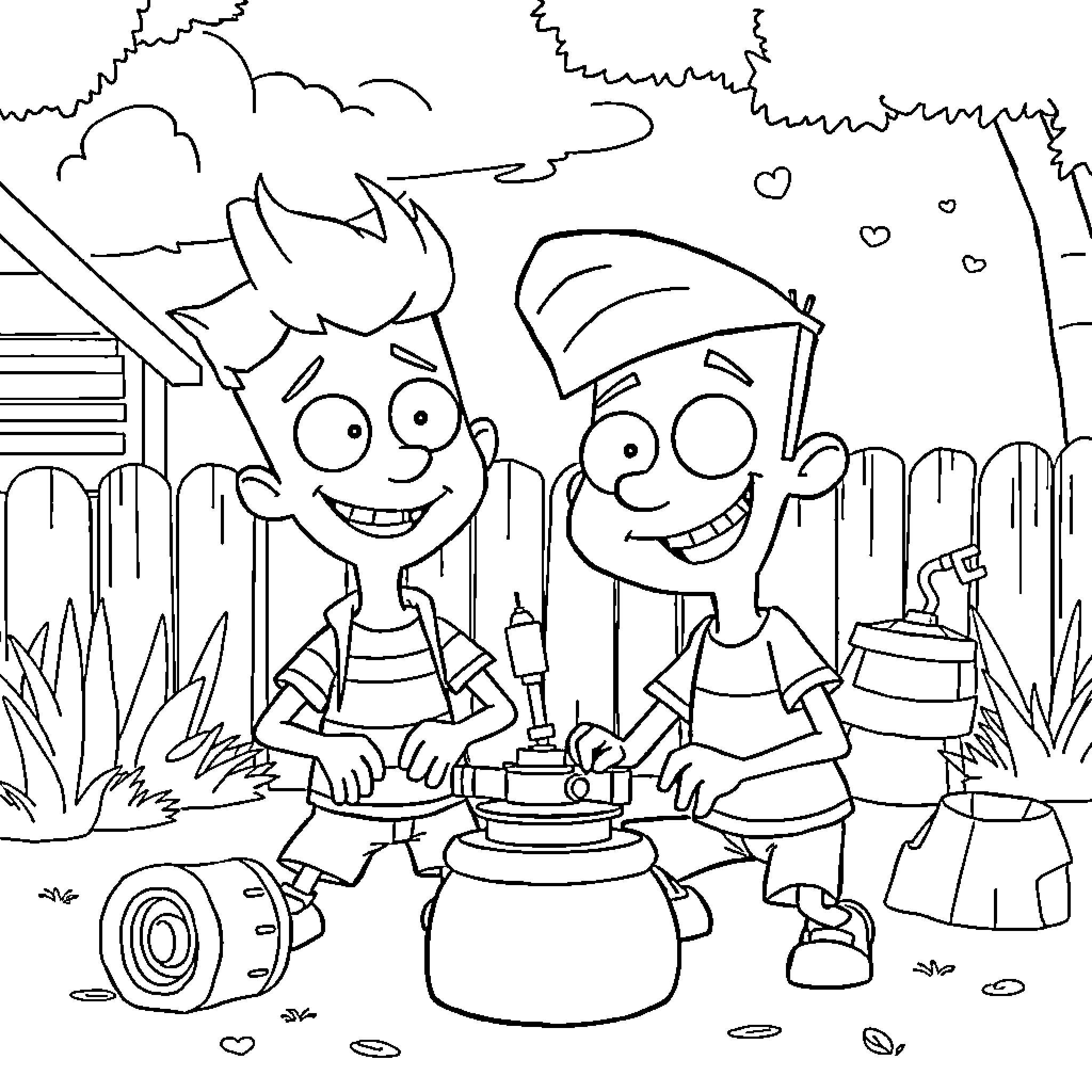 Phineas and Ferb Camping Adventure in the Great Outdoors Coloring Page (free black-and-white line drawing printable PDF for all, from beginners to advanced learners, including children, teens, adults, and seniors)
