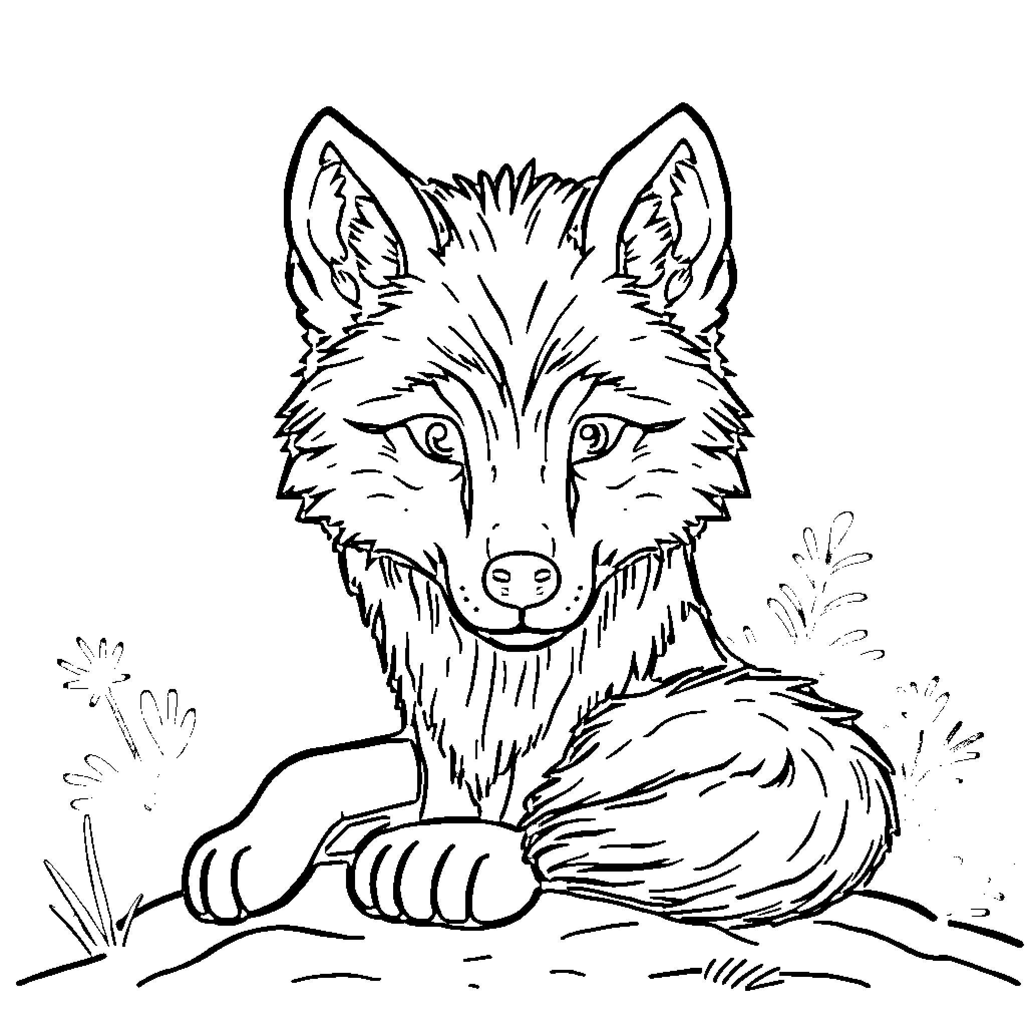 Loup Resting in the Wild Coloring Page (free black-and-white line drawing printable PDF for all, from beginners to advanced learners, including children, teens, adults, and seniors)