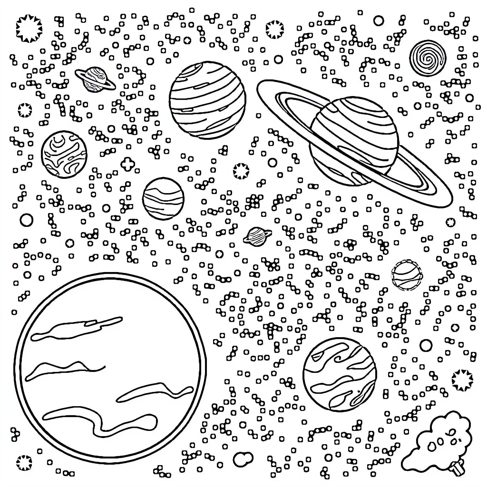 Solar System with Planets and Celestial Objects Coloring Page (free black-and-white line drawing printable PDF for all, from beginners to advanced learners, including children, teens, adults, and seniors)