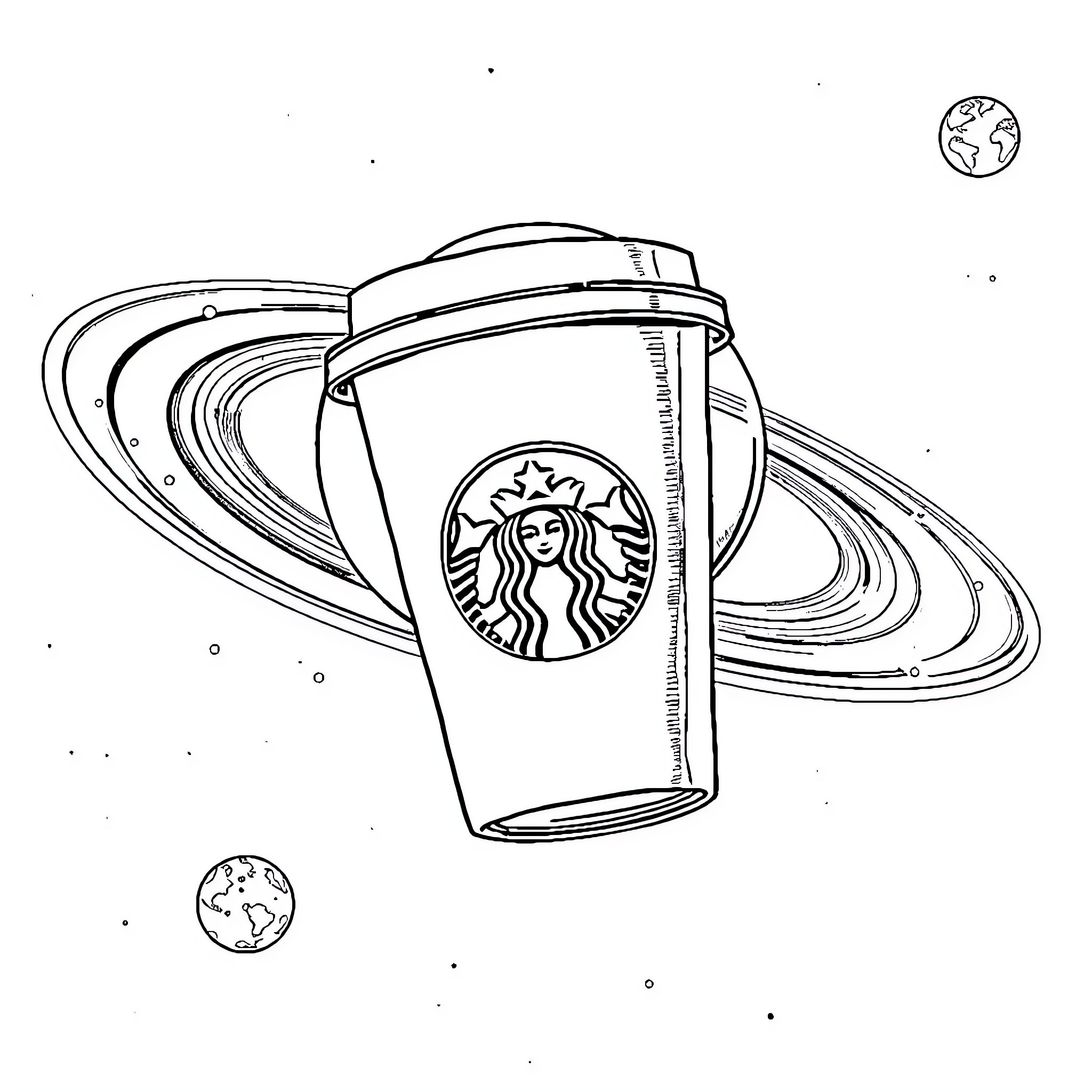 Cup Among Celestial Spheres Coloring Page (free black-and-white line drawing printable PDF for all, from beginners to advanced learners, including children, teens, adults, and seniors)