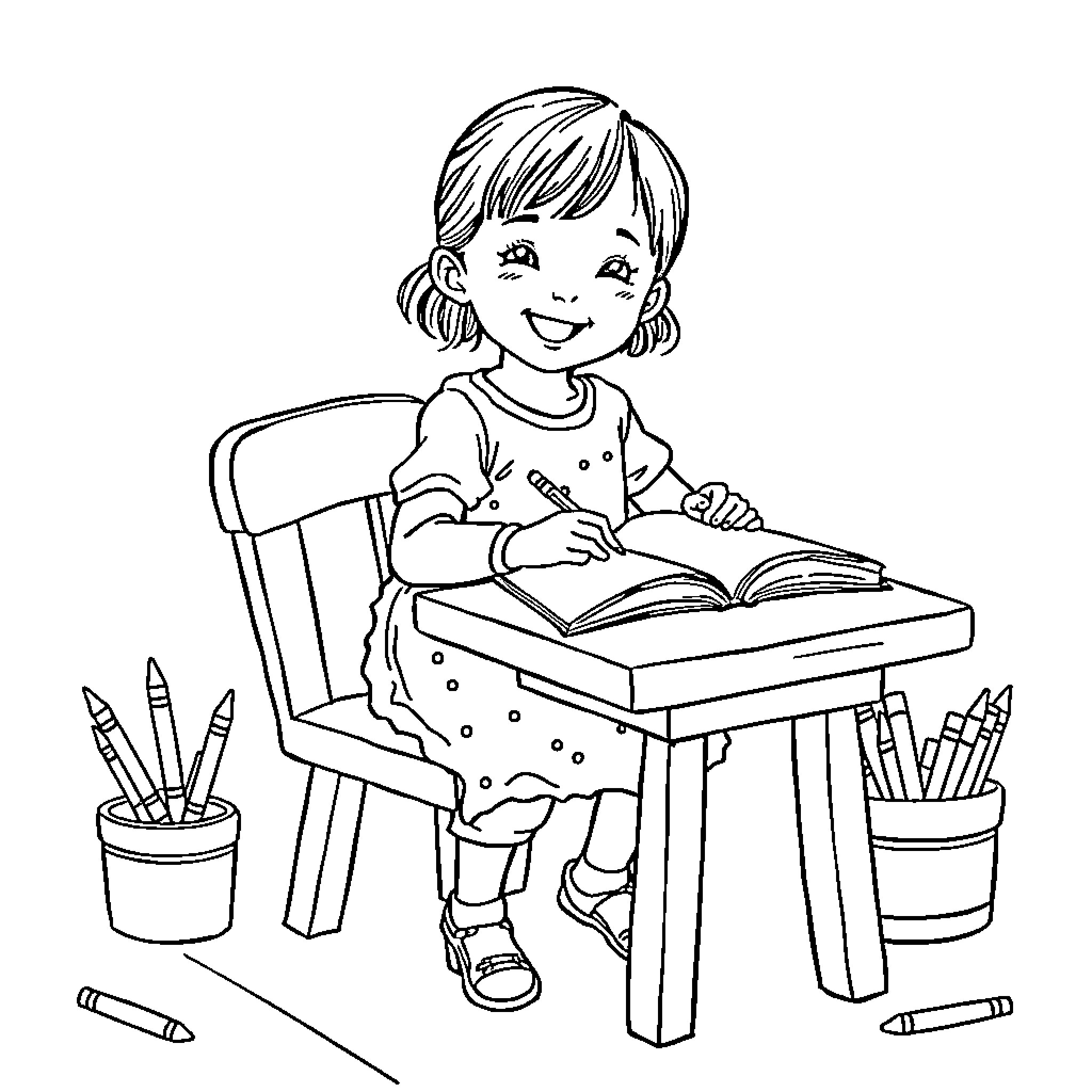 Girl studying diligently at her desk Coloring Page (free black-and-white line drawing printable PDF for all, from beginners to advanced learners, including children, teens, adults, and seniors)
