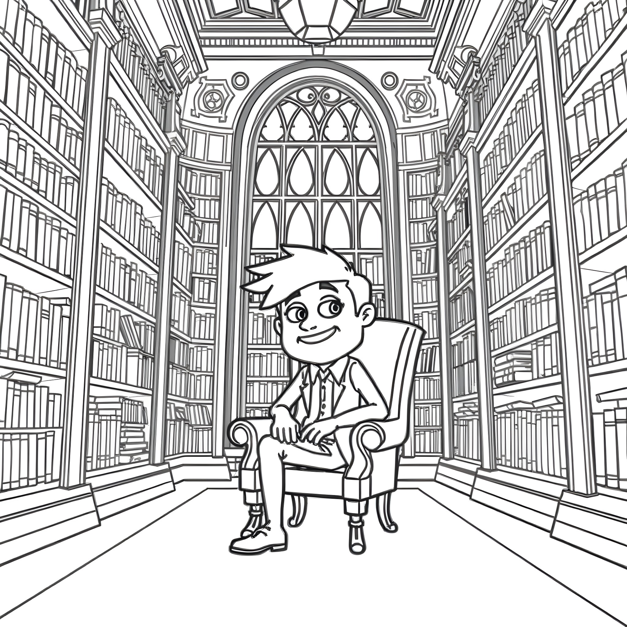 Bill Cipher sits in a grand library Coloring Page (free black-and-white line drawing printable PDF for all, from beginners to advanced learners, including children, teens, adults, and seniors)