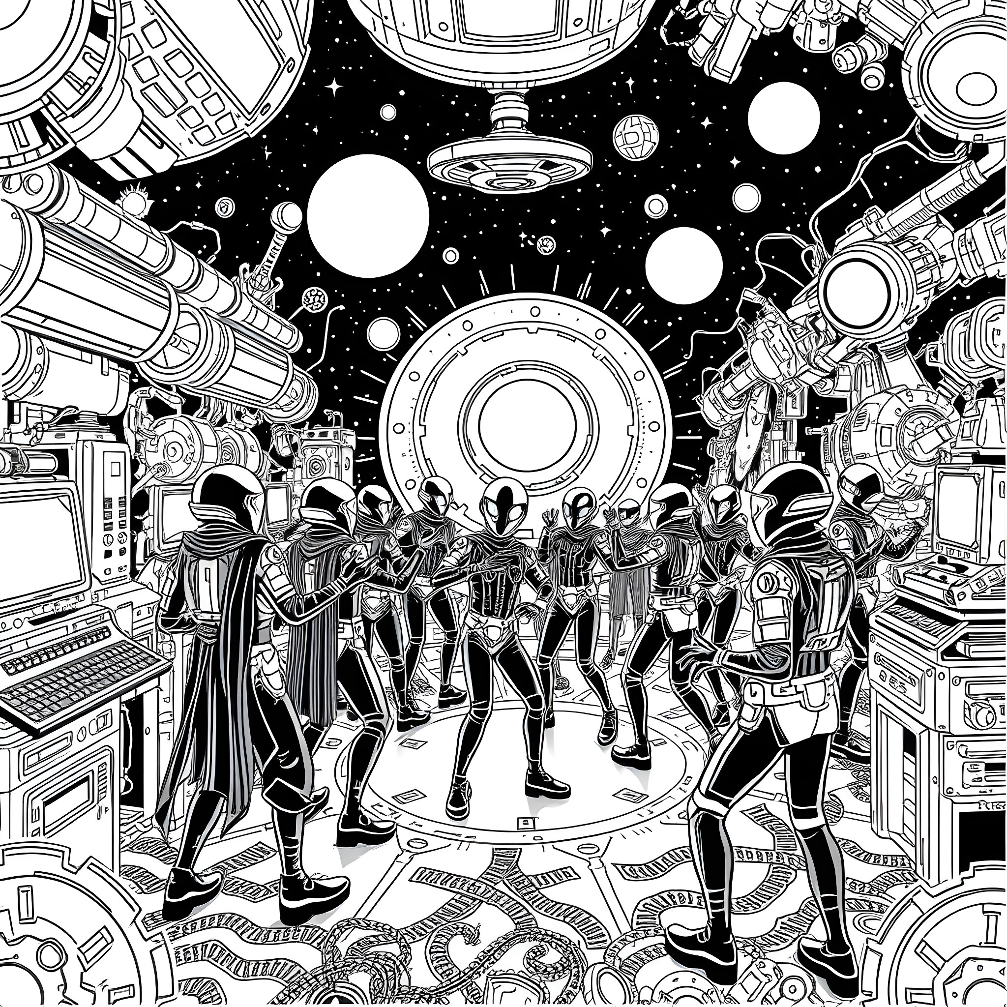 Alien Civilization Gathering in Futuristic Spacecraft Hub Coloring Page (free black-and-white line drawing printable PDF for all, from beginners to advanced learners, including children, teens, adults, and seniors)
