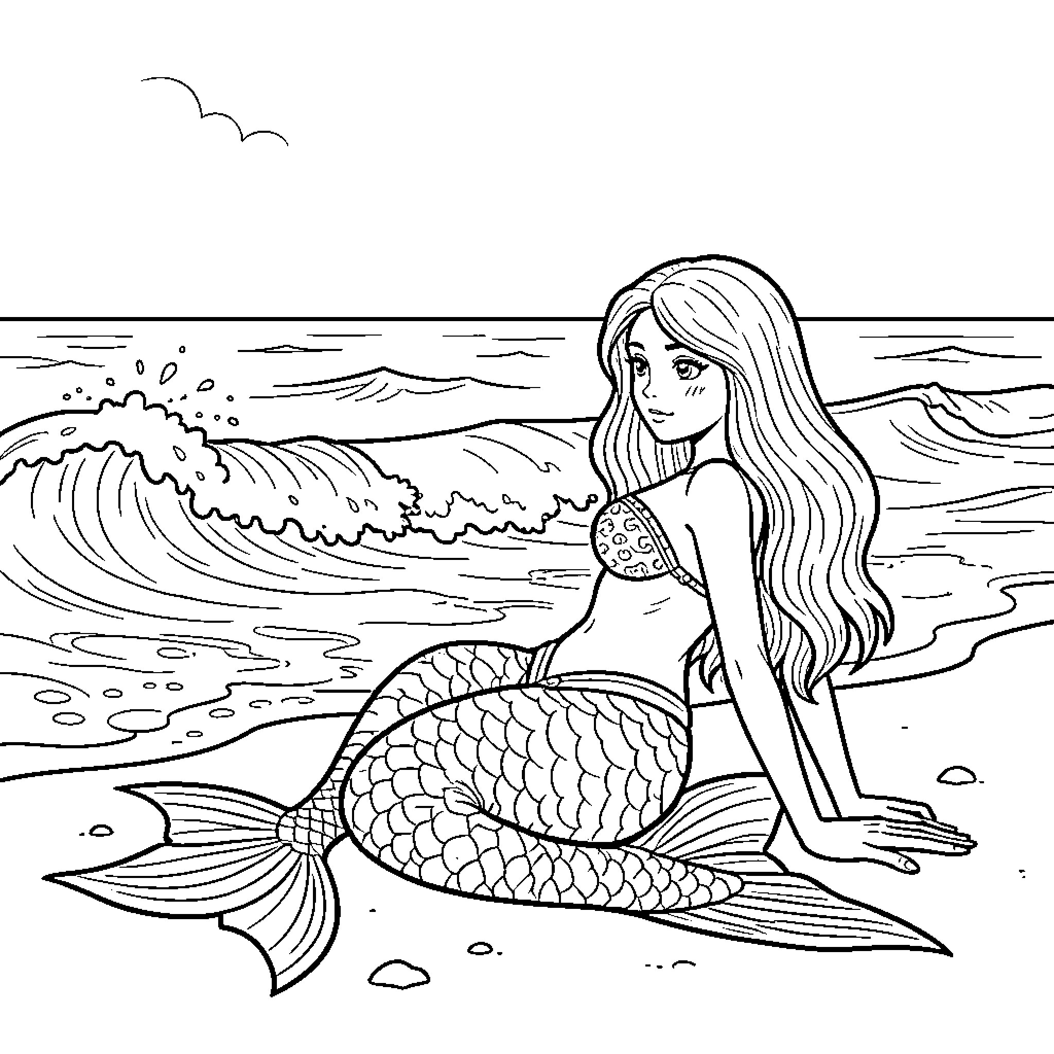 Siren sitting peacefully on the sandy beach Coloring Page (free black-and-white line drawing printable PDF for all, from beginners to advanced learners, including children, teens, adults, and seniors)