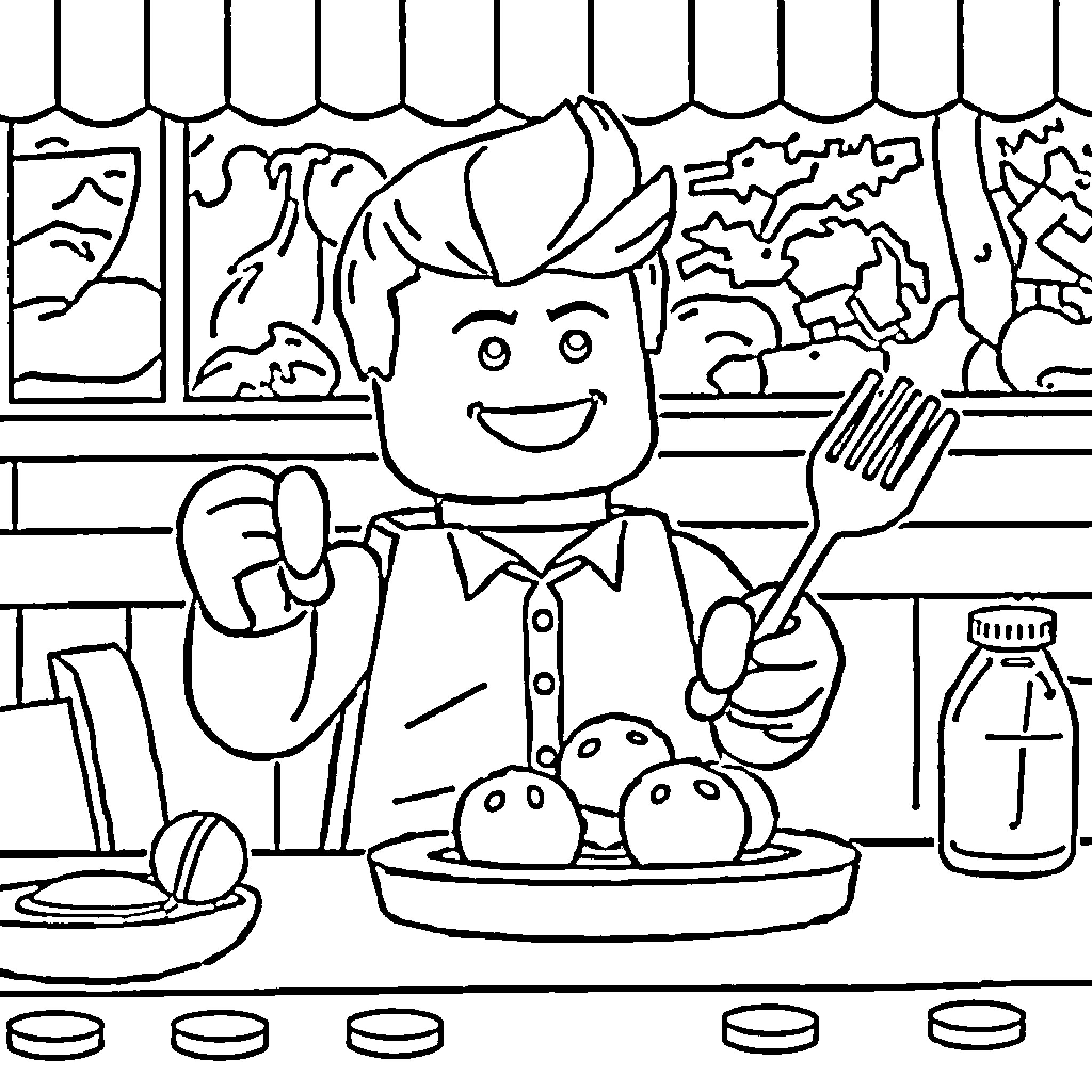 Lego Man Cooking a Delicious Meal in the Kitchen Coloring Page (free black-and-white line drawing printable PDF for all, from beginners to advanced learners, including children, teens, adults, and seniors)