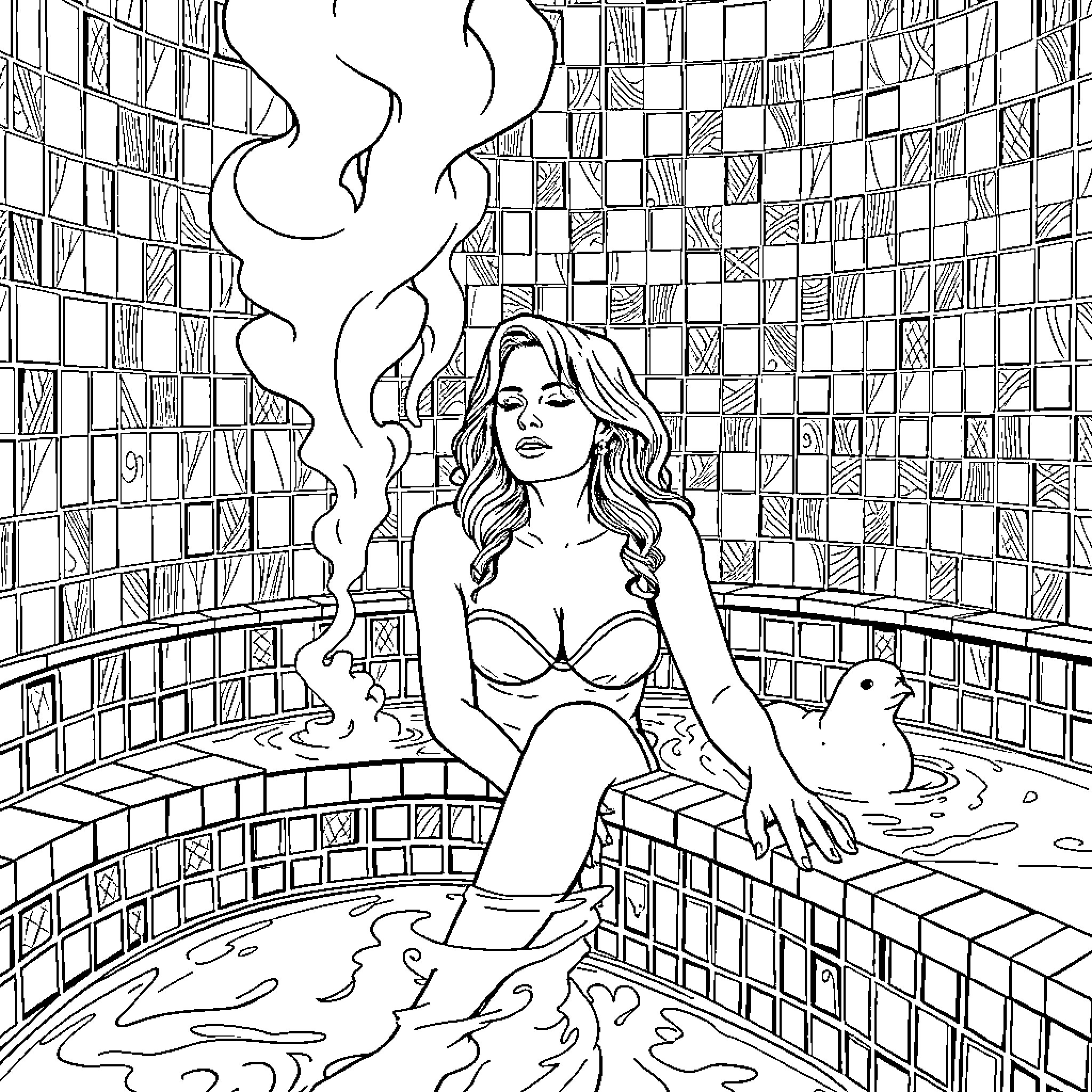 Nicole Kidman in Relaxed Spa Moment Coloring Page (free black-and-white line drawing printable PDF for all, from beginners to advanced learners, including children, teens, adults, and seniors)