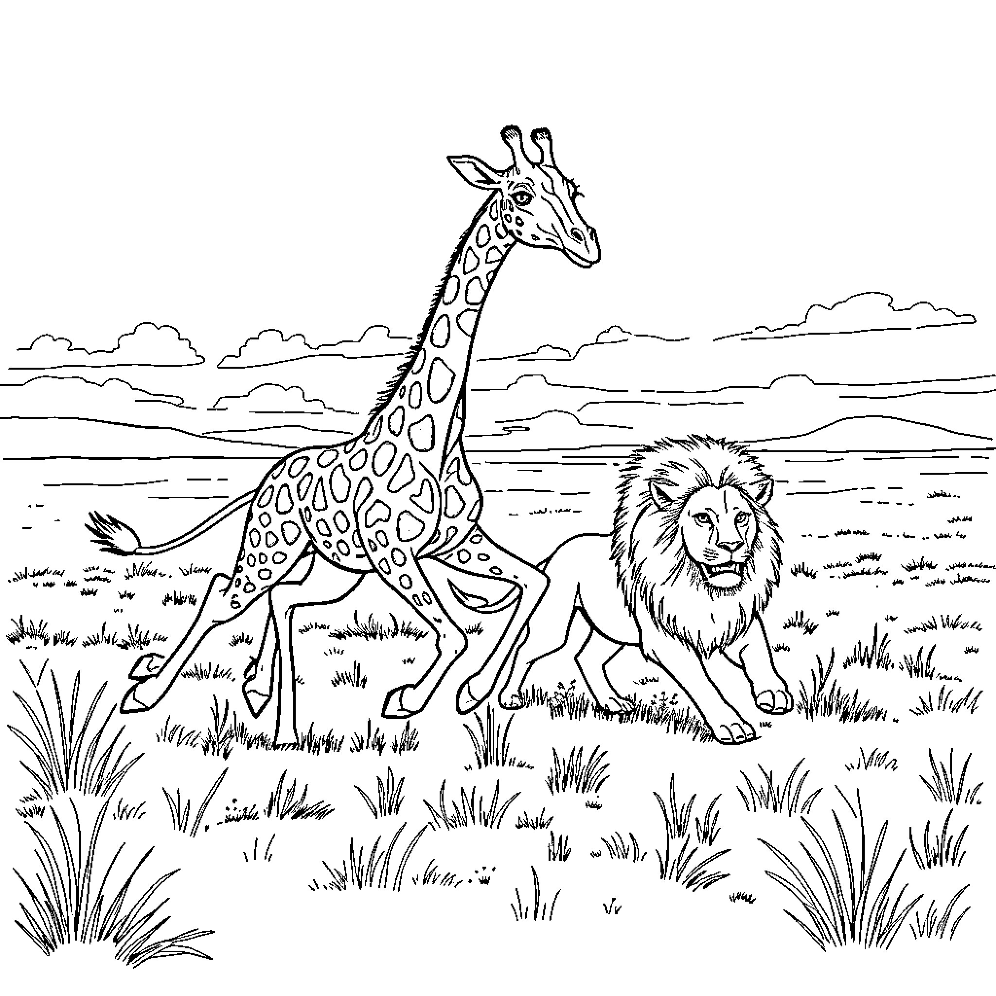 Giraffe and Lion on African Savanna Coloring Page (free black-and-white line drawing printable PDF for all, from beginners to advanced learners, including children, teens, adults, and seniors)