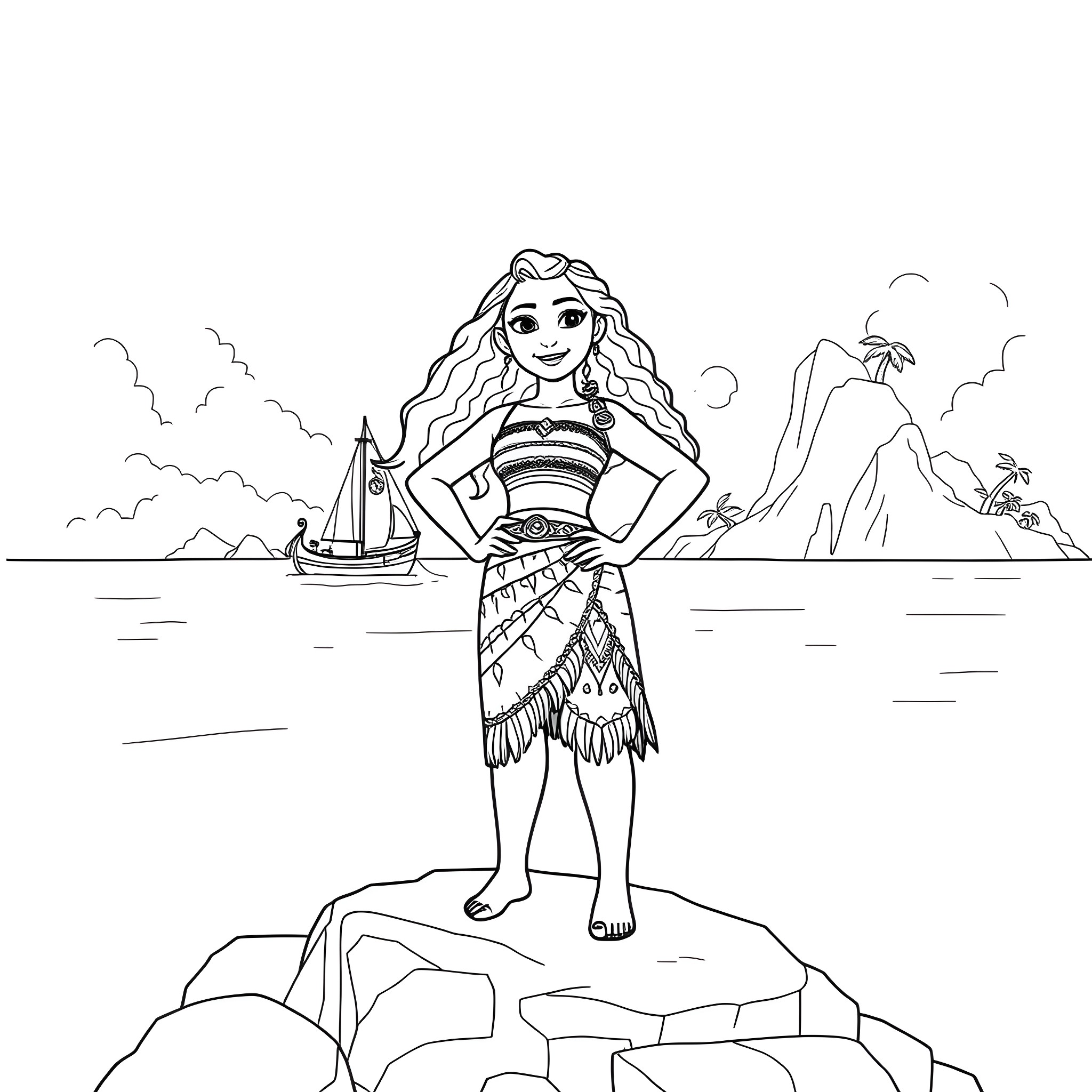 Moana posing confidently on a rocky shore Coloring Page (free black-and-white line drawing printable PDF for all, from beginners to advanced learners, including children, teens, adults, and seniors)