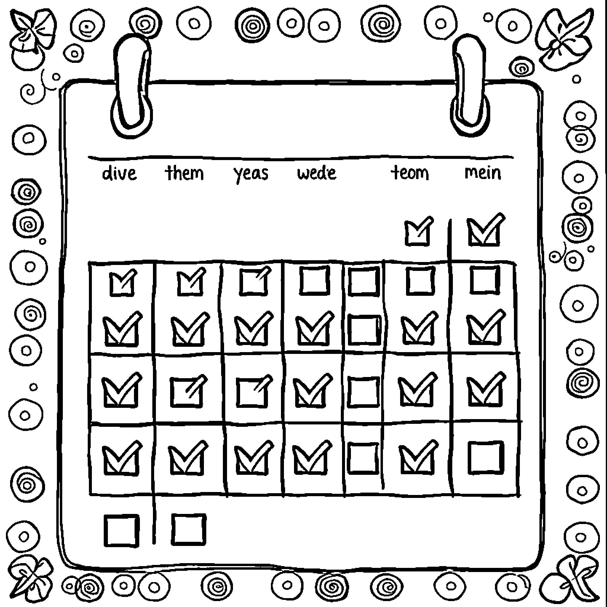 Calendar with Whimsical Doodles and Checklist Coloring Page (free black-and-white line drawing printable PDF for all, from beginners to advanced learners, including children, teens, adults, and seniors)