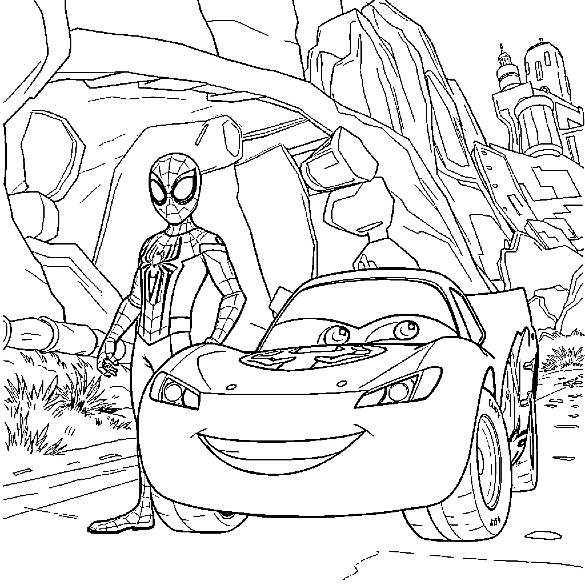 Spiderman and Lightning McQueen in Action Adventure Coloring Page (free black-and-white line drawing printable PDF for all, from beginners to advanced learners, including children, teens, adults, and seniors)
