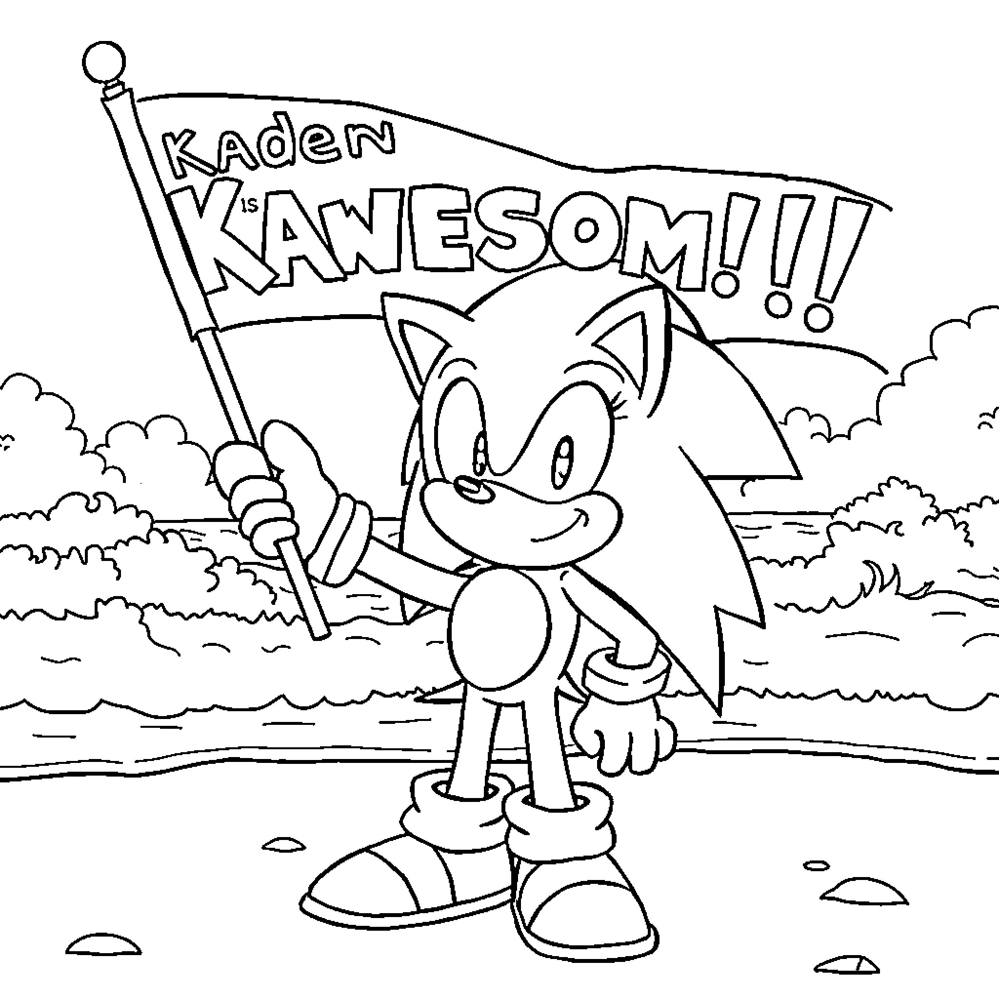 Sonic waving a 'Kaden Kaweso!' banner Coloring Page (free black-and-white line drawing printable PDF for all, from beginners to advanced learners, including children, teens, adults, and seniors)