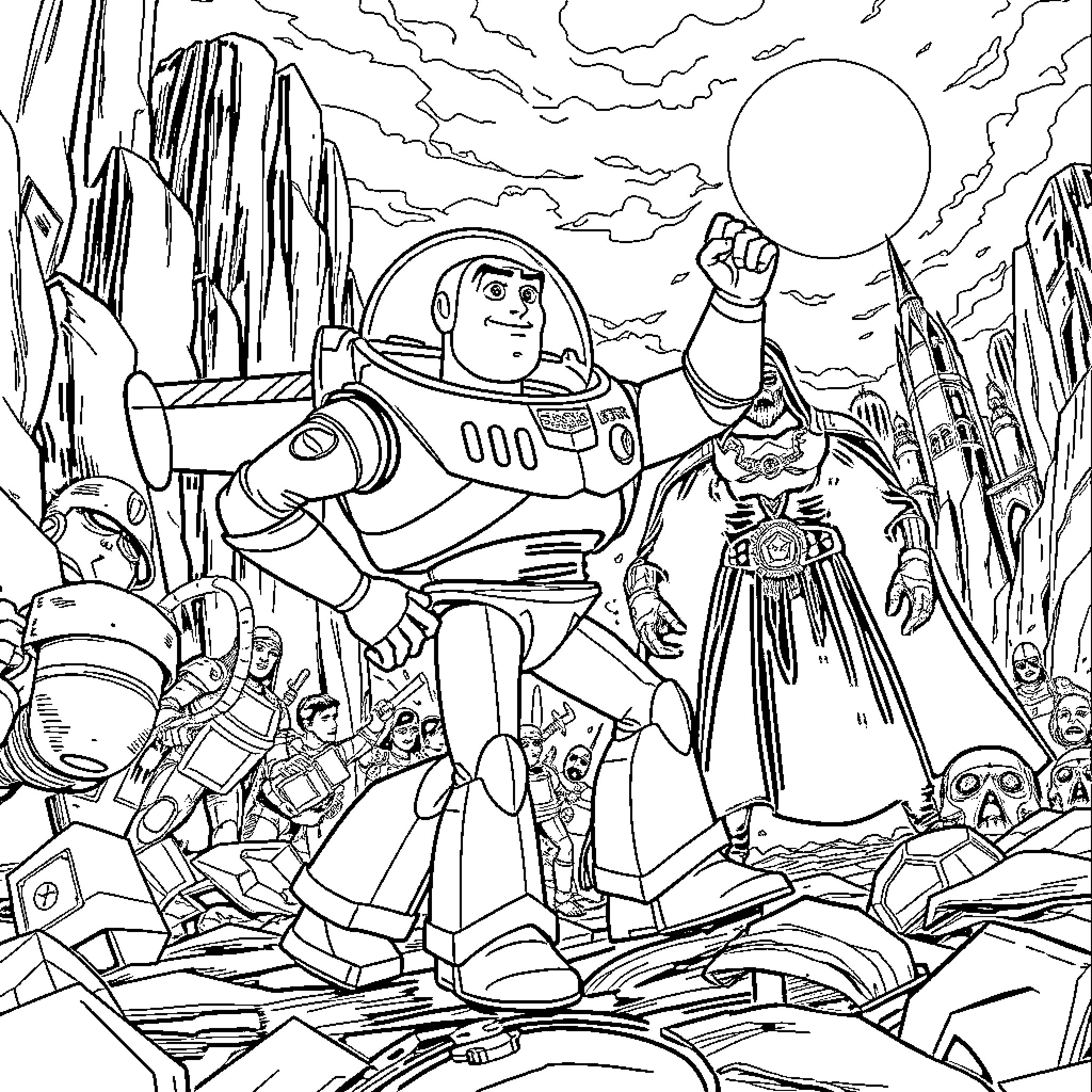 Buzz Lightyear exploring a futuristic alien world Coloring Page (free black-and-white line drawing printable PDF for all, from beginners to advanced learners, including children, teens, adults, and seniors)