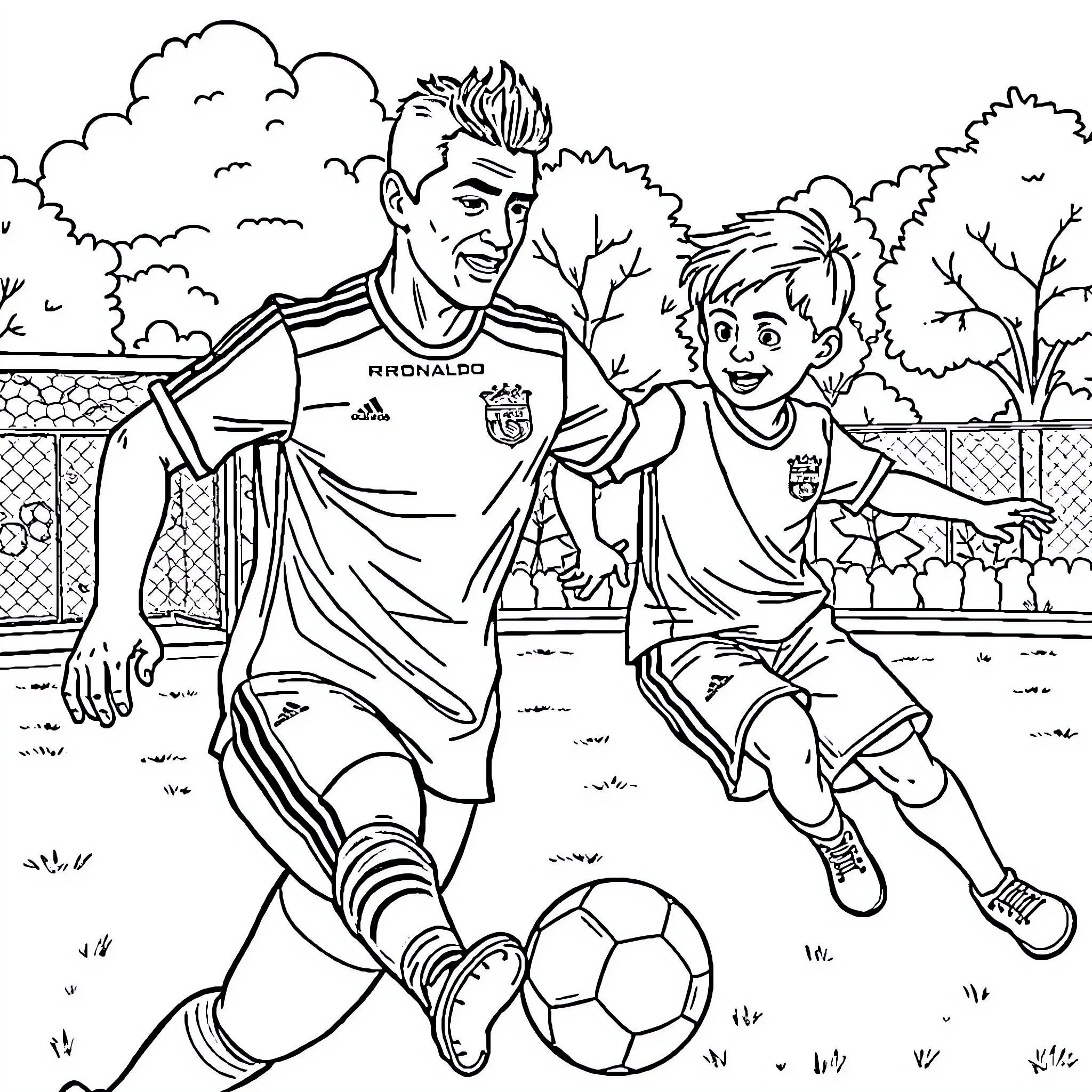 Ronaldo playing soccer with a young fan Coloring Page (free black-and-white line drawing printable PDF for all, from beginners to advanced learners, including children, teens, adults, and seniors)