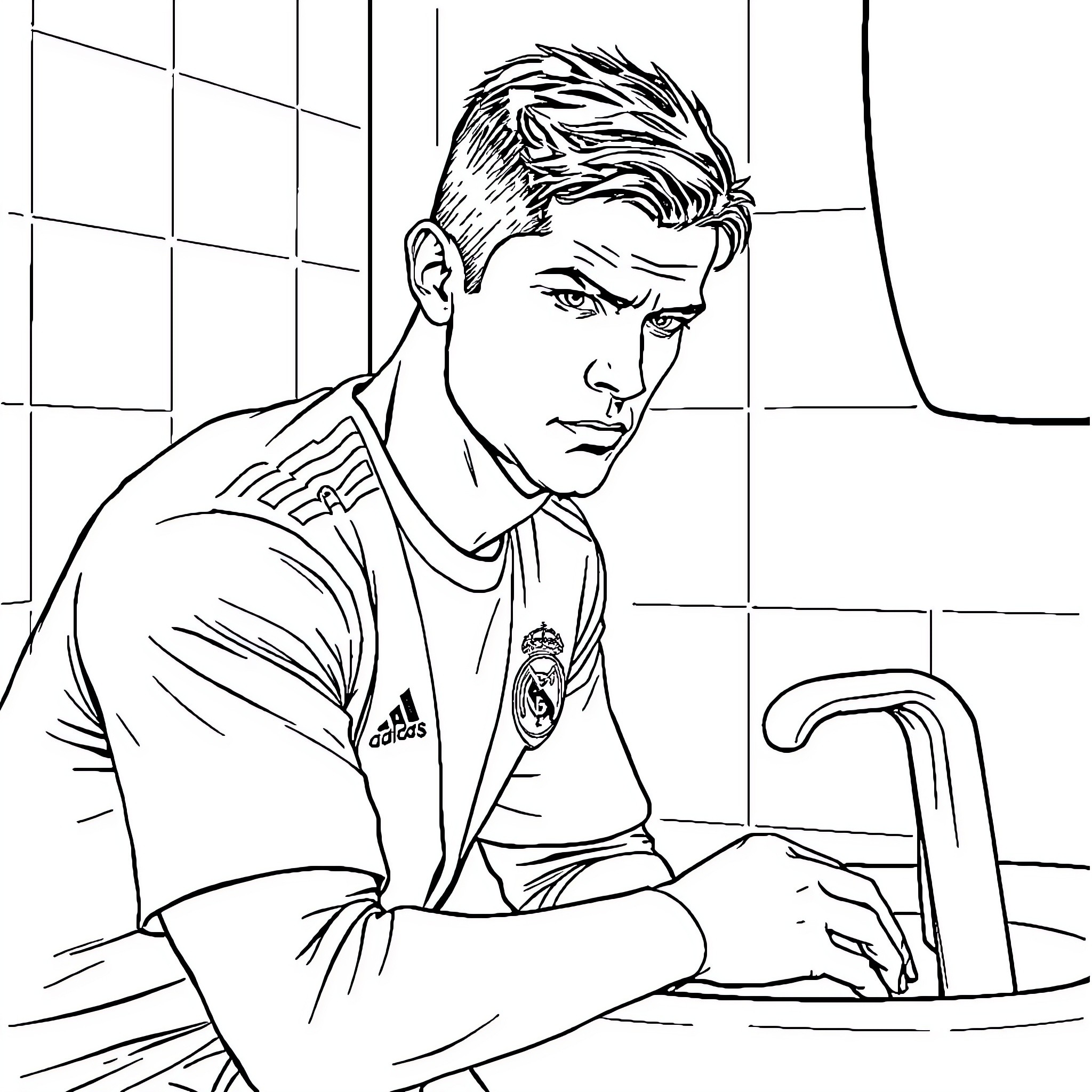 Ronaldo washing hands in bathroom Coloring Page (free black-and-white line drawing printable PDF for all, from beginners to advanced learners, including children, teens, adults, and seniors)