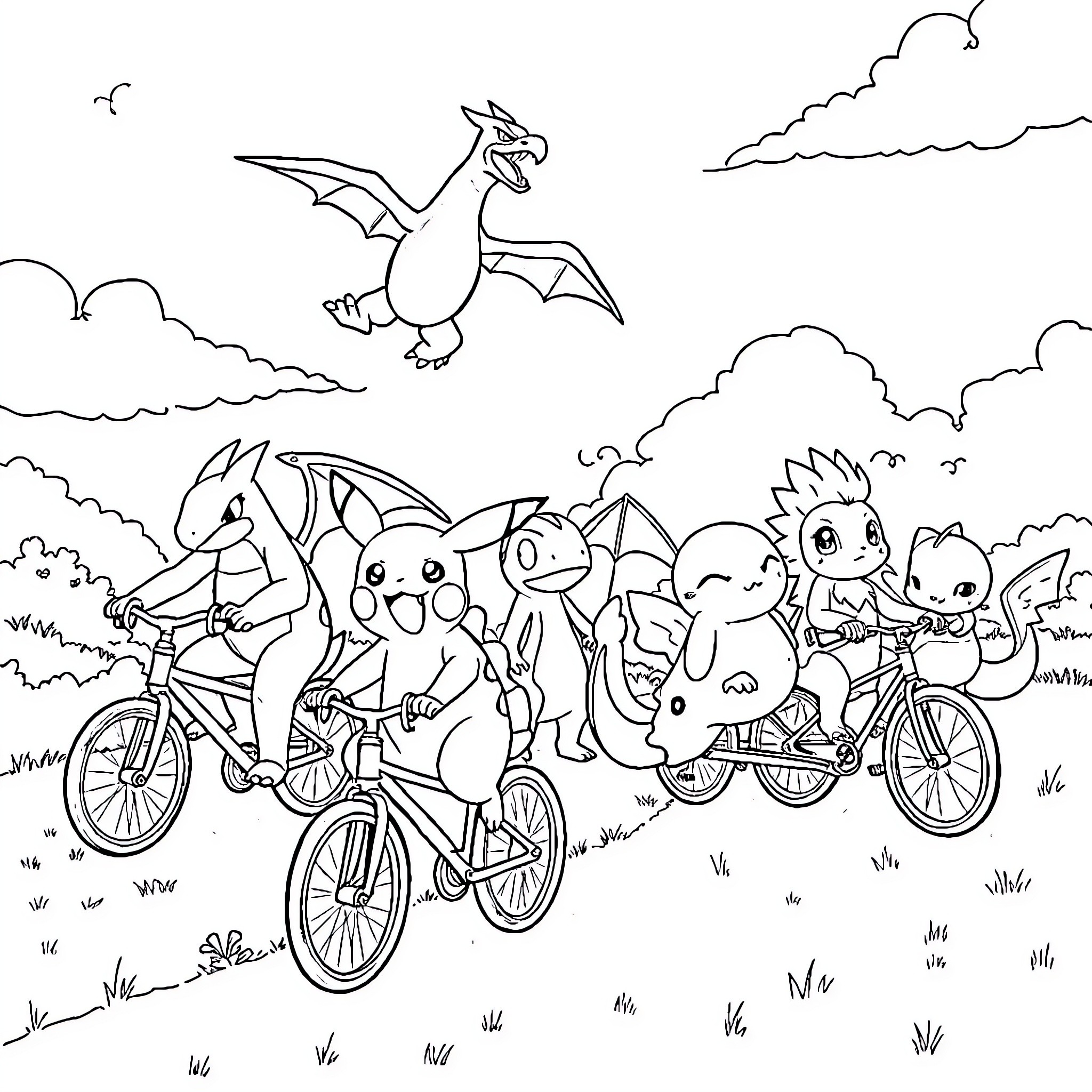 Pokémon characters riding bicycles in a scenic outdoor setting Coloring Page (free black-and-white line drawing printable PDF for all, from beginners to advanced learners, including children, teens, adults, and seniors)