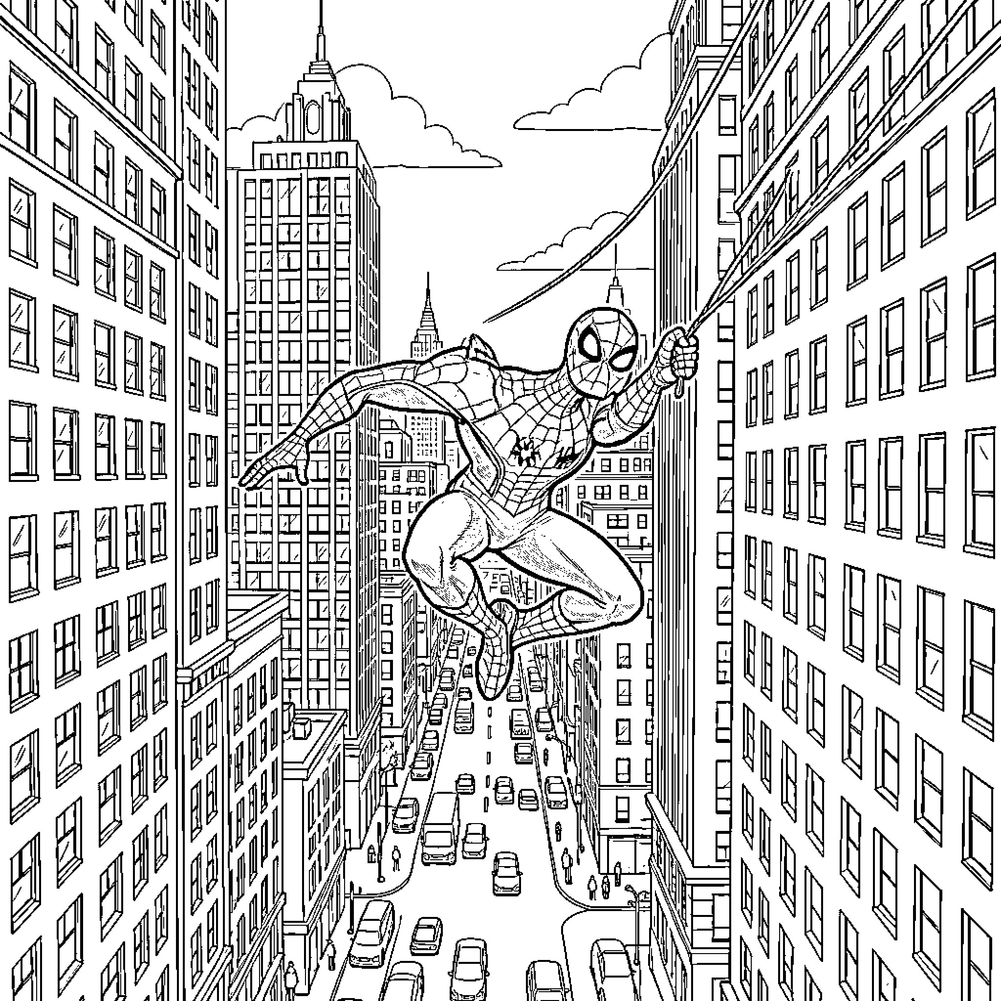 Spiderman swinging through a busy city street Coloring Page (free black-and-white line drawing printable PDF for all, from beginners to advanced learners, including children, teens, adults, and seniors)