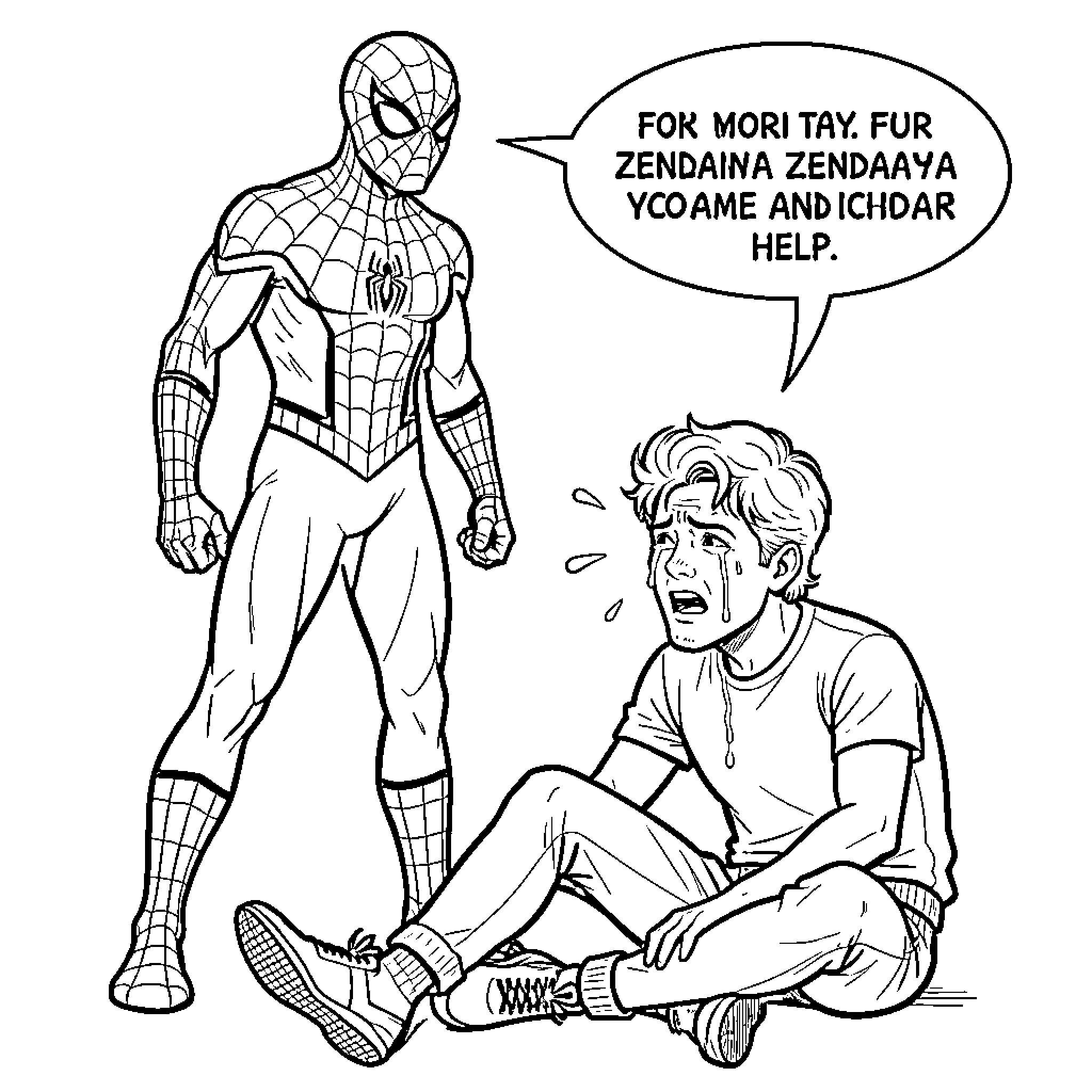 Spider-Man standing over a crying young man Coloring Page (free black-and-white line drawing printable PDF for all, from beginners to advanced learners, including children, teens, adults, and seniors)