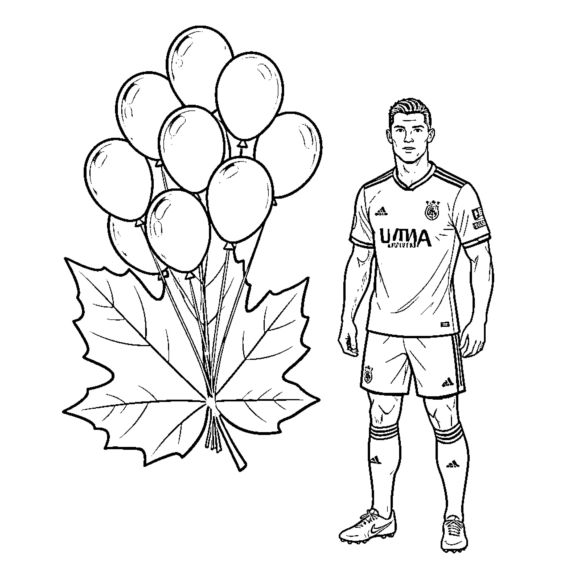 Cristiano Ronaldo standing next to a bunch of balloons Coloring Page (free black-and-white line drawing printable PDF for all, from beginners to advanced learners, including children, teens, adults, and seniors)