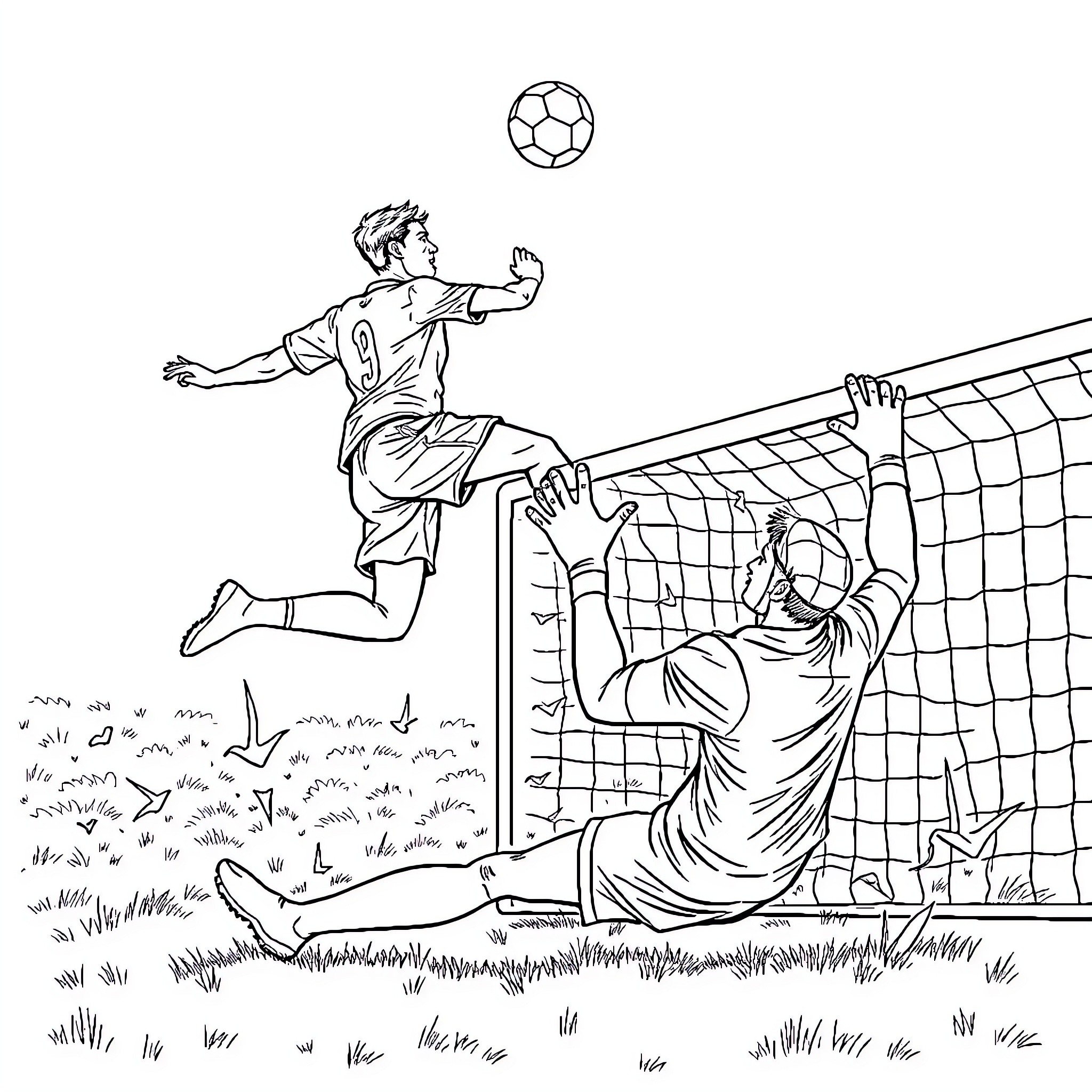 Footballer jumping to score a goal Coloring Page (free black-and-white line drawing printable PDF for all, from beginners to advanced learners, including children, teens, adults, and seniors)