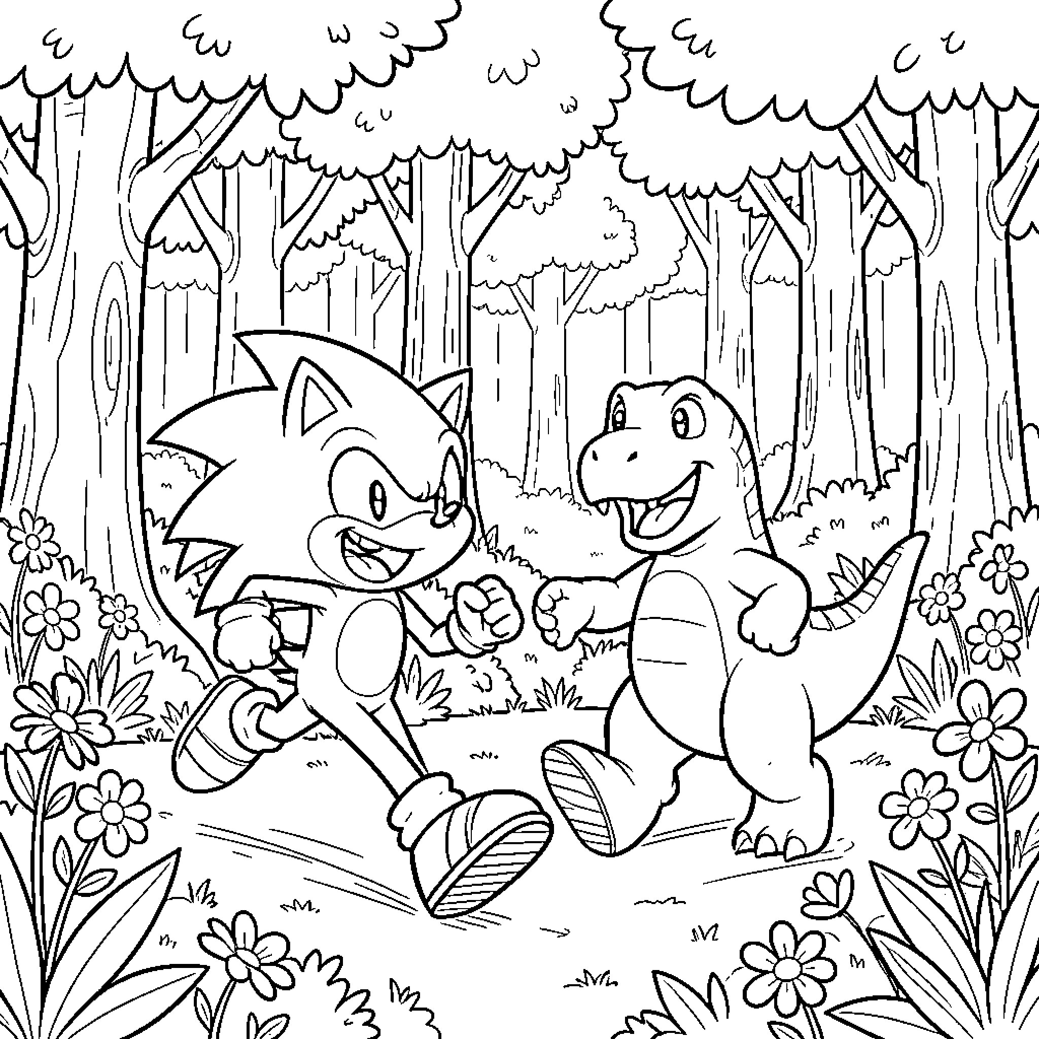 Sonic's Forest Adventure with Dinosaur Friend Coloring Page (free black-and-white line drawing printable PDF for all, from beginners to advanced learners, including children, teens, adults, and seniors)