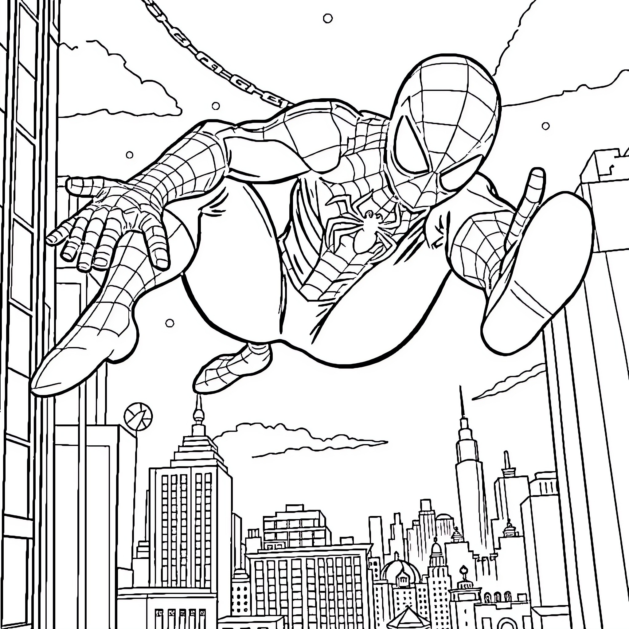 Spiderman swinging through the city skyline Coloring Page (free black-and-white line drawing printable PDF for all, from beginners to advanced learners, including children, teens, adults, and seniors)