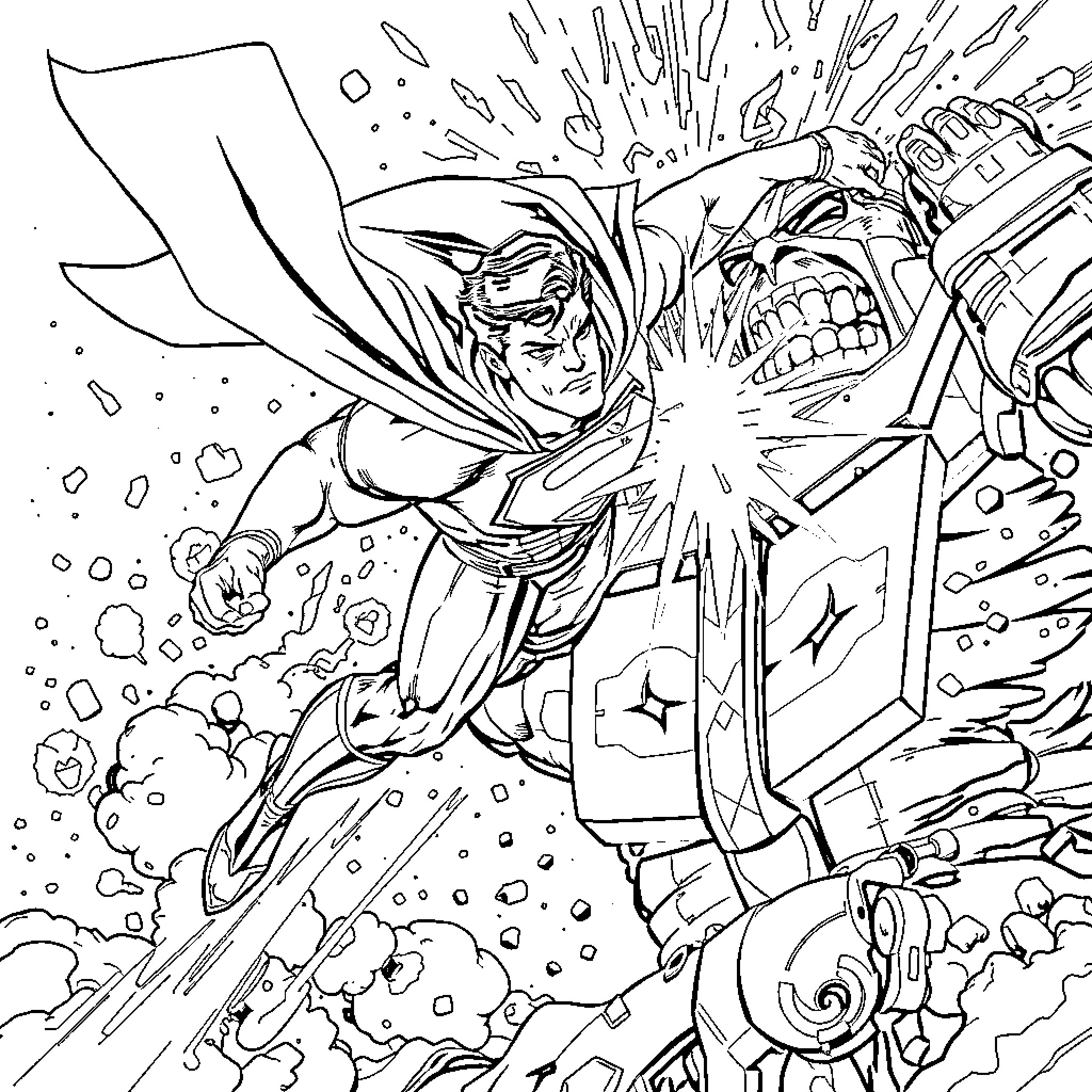 Superman's heroic action-packed battle Coloring Page (free black-and-white line drawing printable PDF for all, from beginners to advanced learners, including children, teens, adults, and seniors)