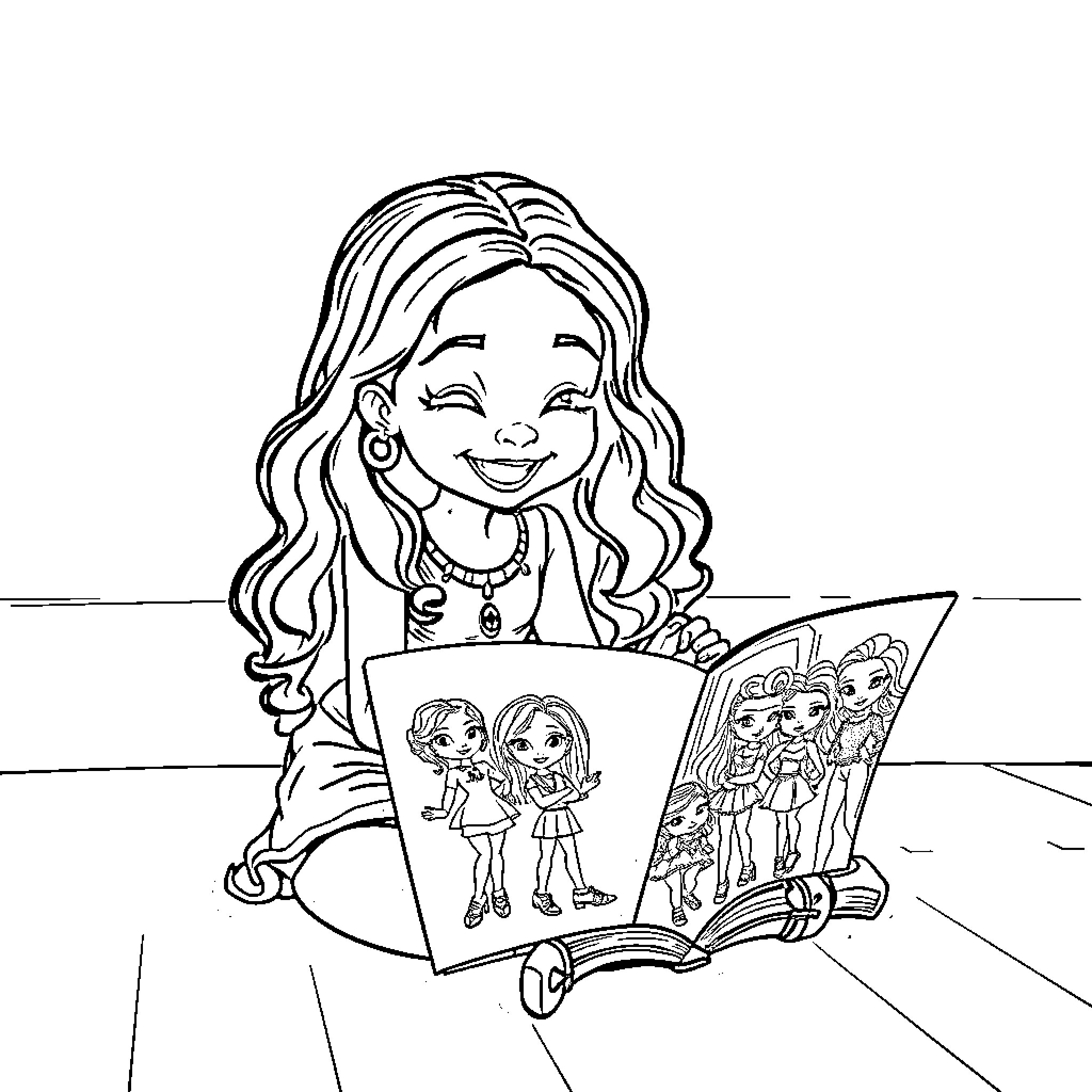 Girl reading storybook of cartoon characters Coloring Page (free black-and-white line drawing printable PDF for all, from beginners to advanced learners, including children, teens, adults, and seniors)