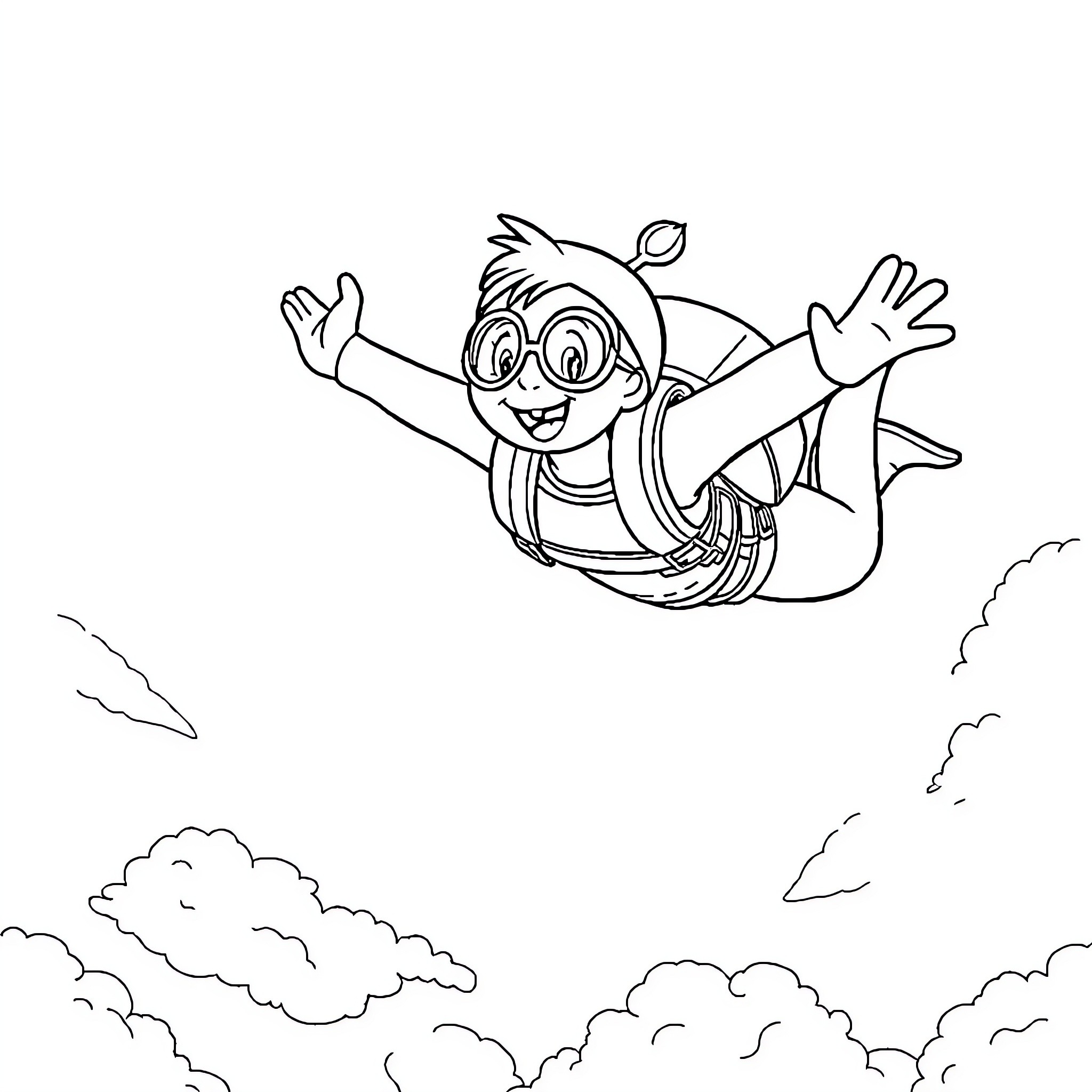 Bluey happily flying through the clouds Coloring Page (free black-and-white line drawing printable PDF for all, from beginners to advanced learners, including children, teens, adults, and seniors)