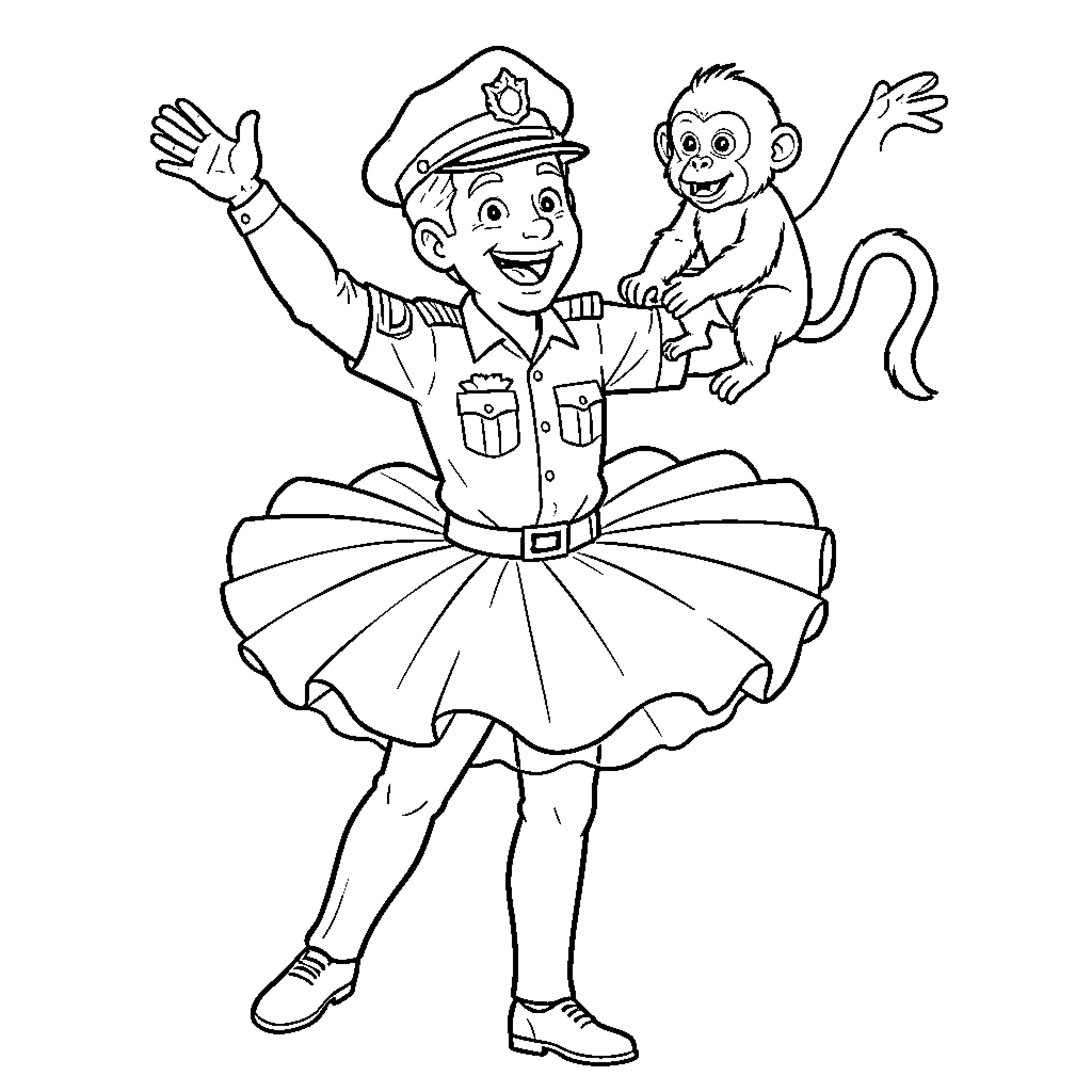 Police officer dancing happily with a small monkey Coloring Page (free black-and-white line drawing printable PDF for all, from beginners to advanced learners, including children, teens, adults, and seniors)