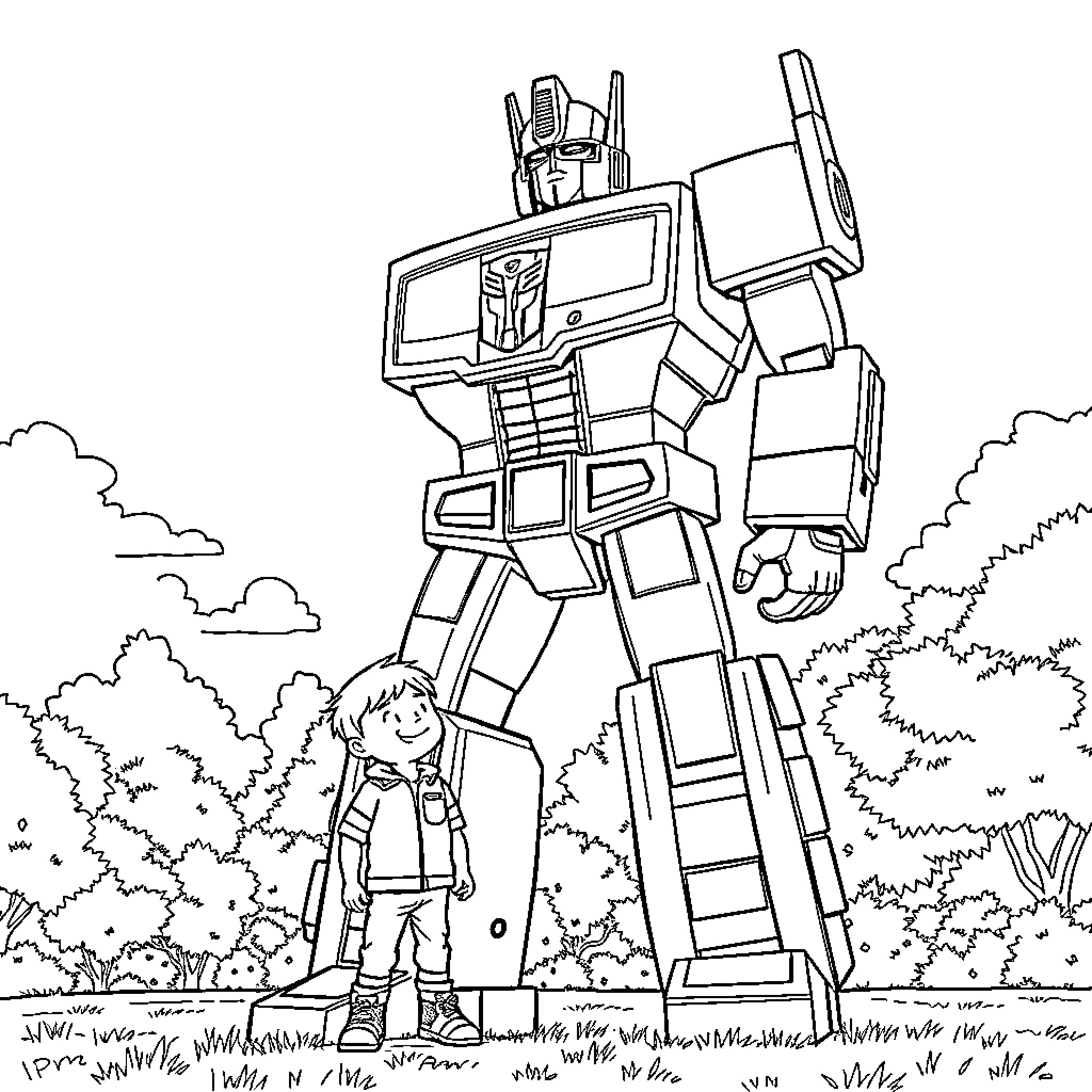 Optimus Prime Stands Tall in Transformers Landscape Coloring Page (free black-and-white line drawing printable PDF for all, from beginners to advanced learners, including children, teens, adults, and seniors)