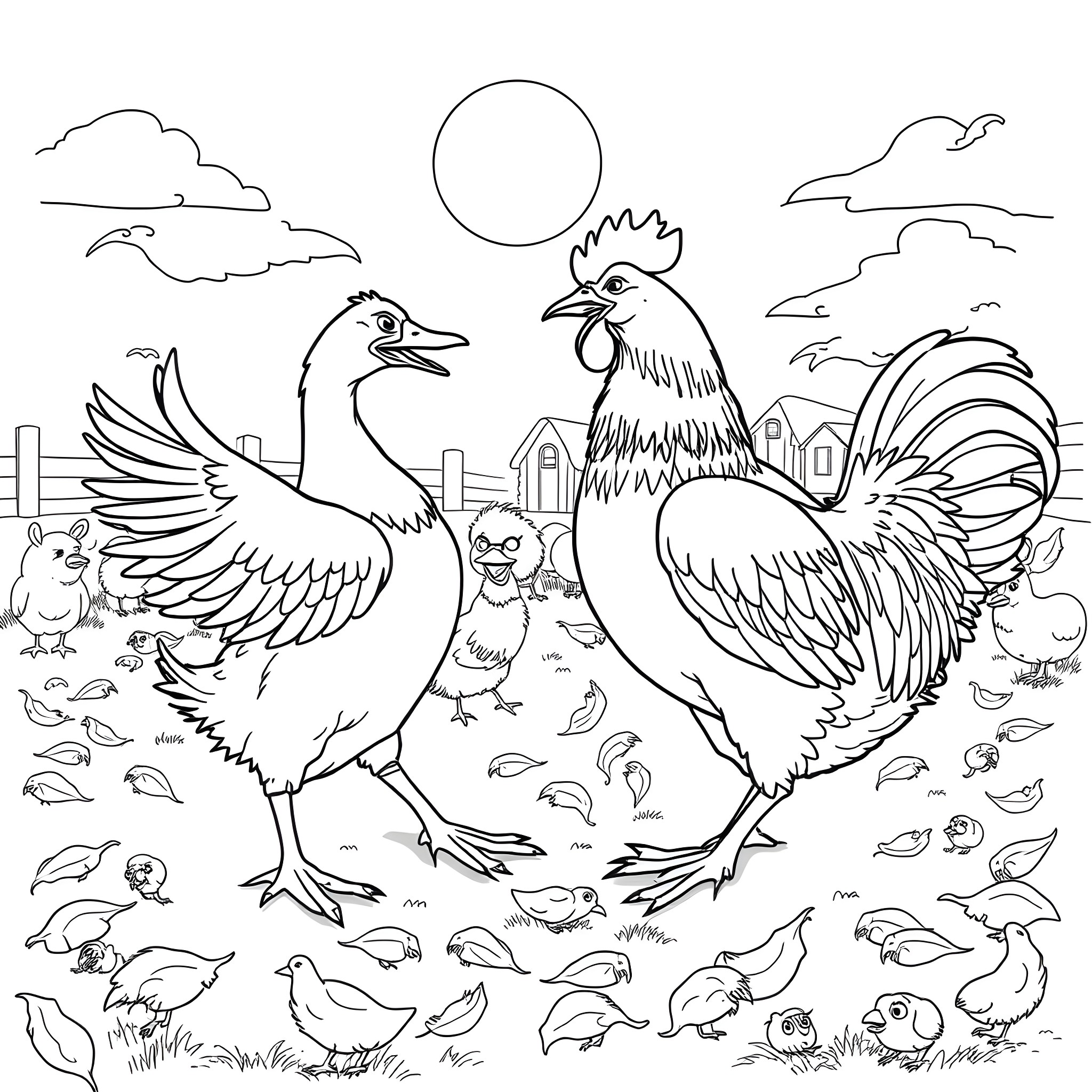 Duck family enjoying a sunny day in the countryside Coloring Page (free black-and-white line drawing printable PDF for all, from beginners to advanced learners, including children, teens, adults, and seniors)