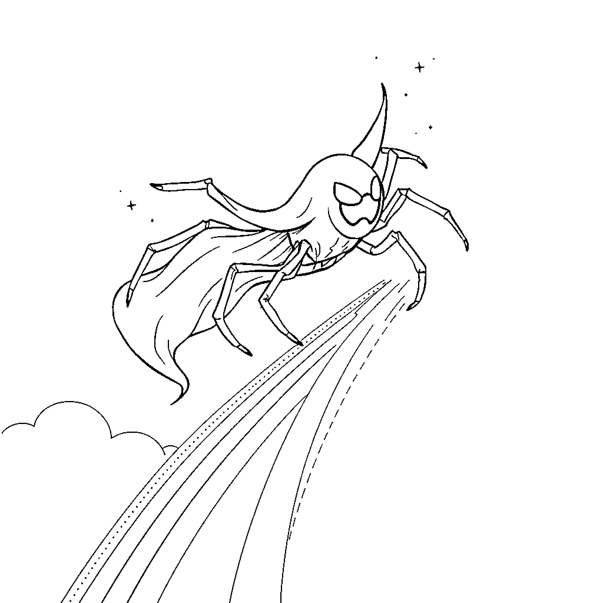 Ghost Spider soaring through the night sky Coloring Page (free black-and-white line drawing printable PDF for all, from beginners to advanced learners, including children, teens, adults, and seniors)