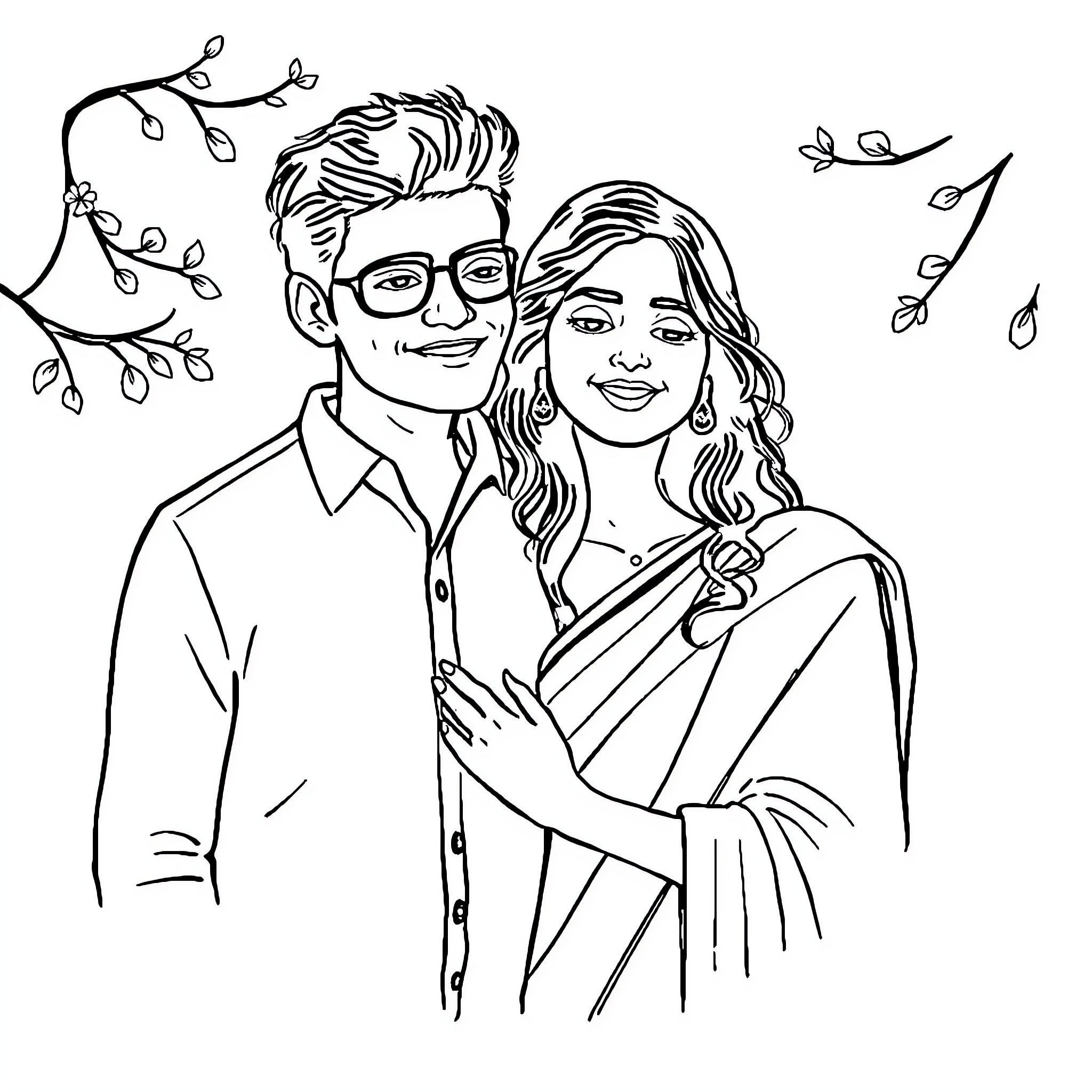 Love blooms for the couple in the park Coloring Page (free black-and-white line drawing printable PDF for all, from beginners to advanced learners, including children, teens, adults, and seniors)