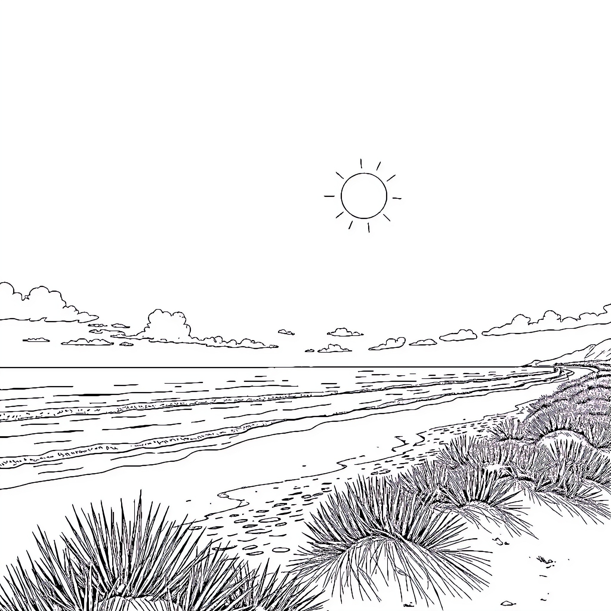 Beach scene with landscape and cloudy sky Coloring Page (free black-and-white line drawing printable PDF for all, from beginners to advanced learners, including children, teens, adults, and seniors)