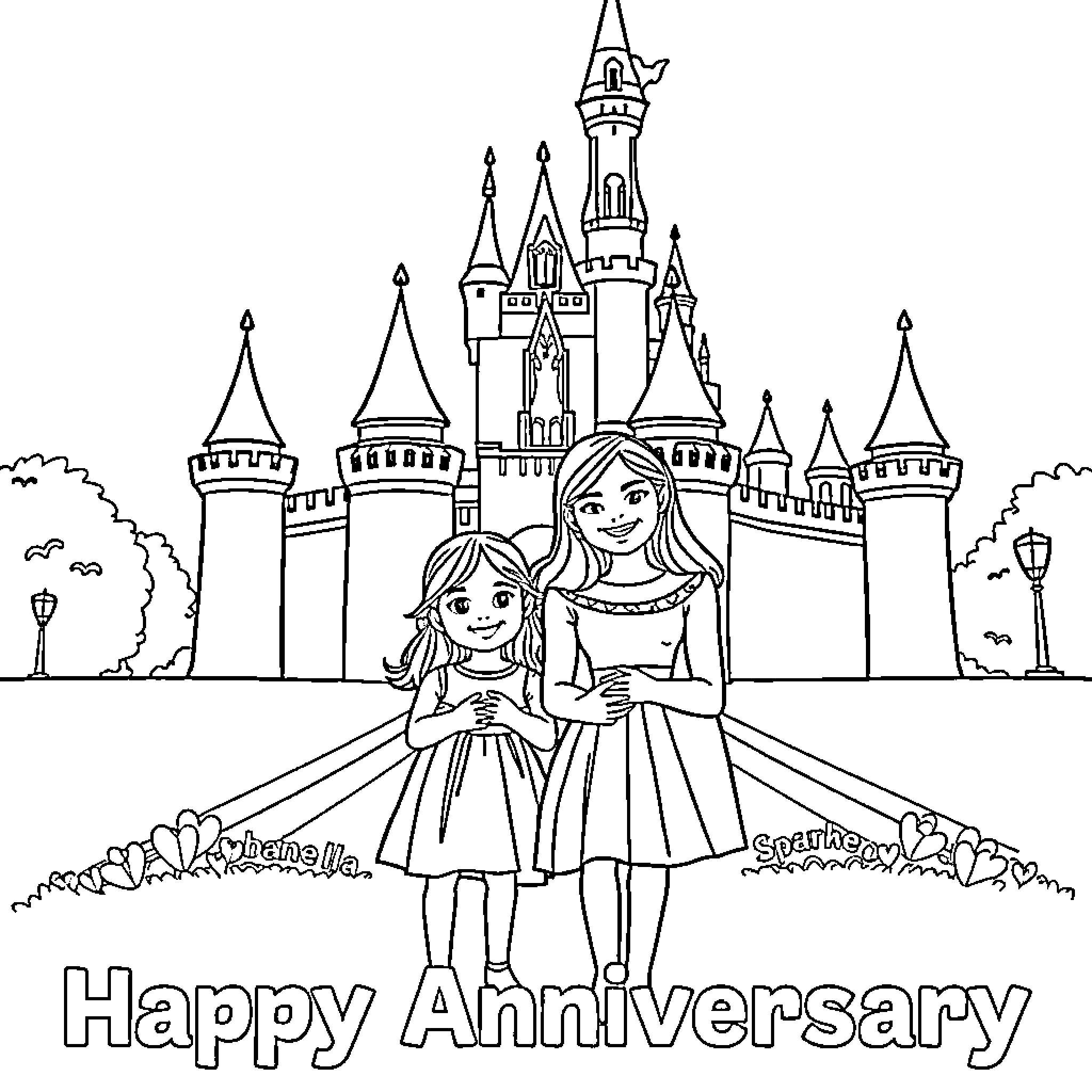 Cinderella and friend in front of magical castle Coloring Page (free black-and-white line drawing printable PDF for all, from beginners to advanced learners, including children, teens, adults, and seniors)