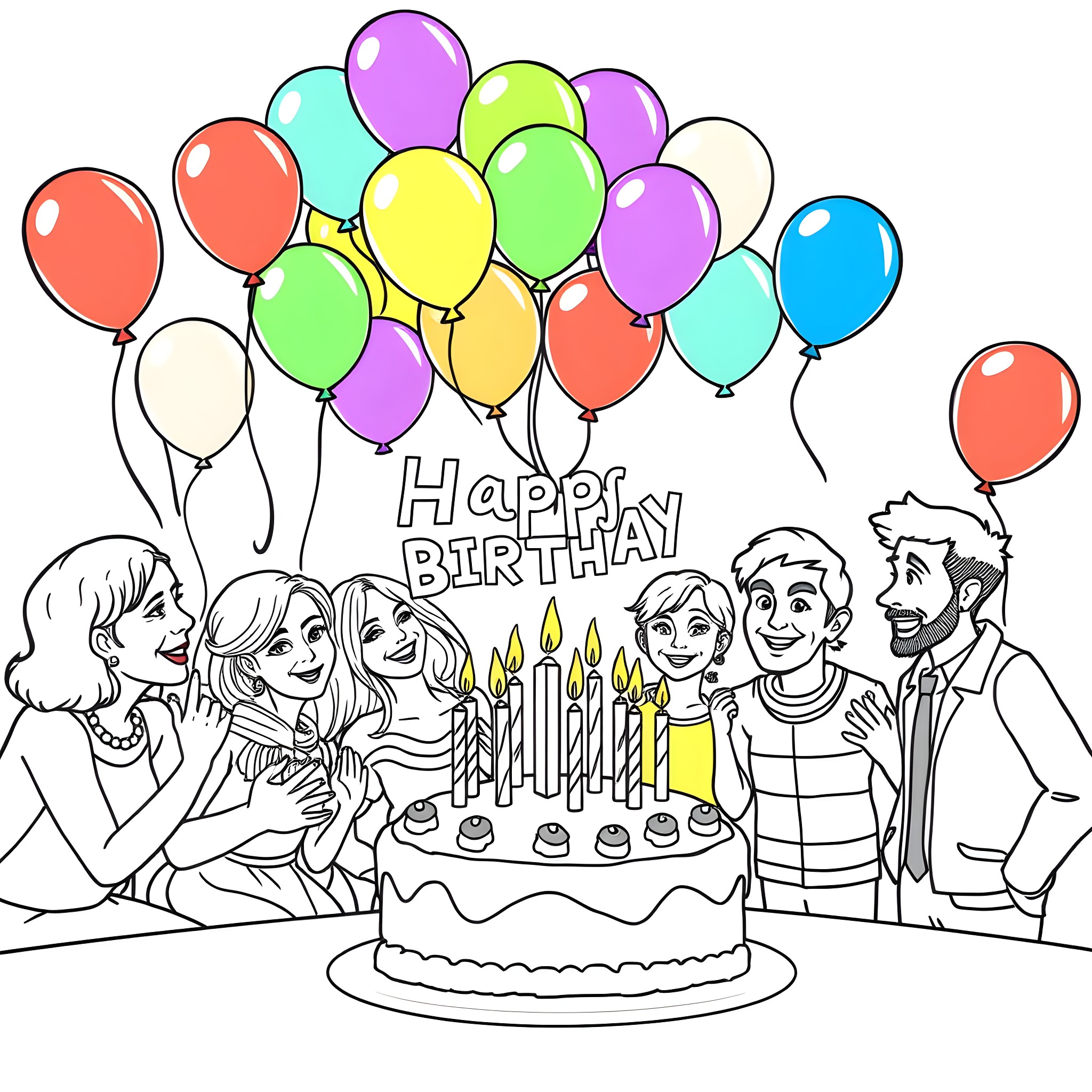 Birthday Party with Balloons and Cake Coloring Page (free black-and-white line drawing printable PDF for all, from beginners to advanced learners, including children, teens, adults, and seniors)