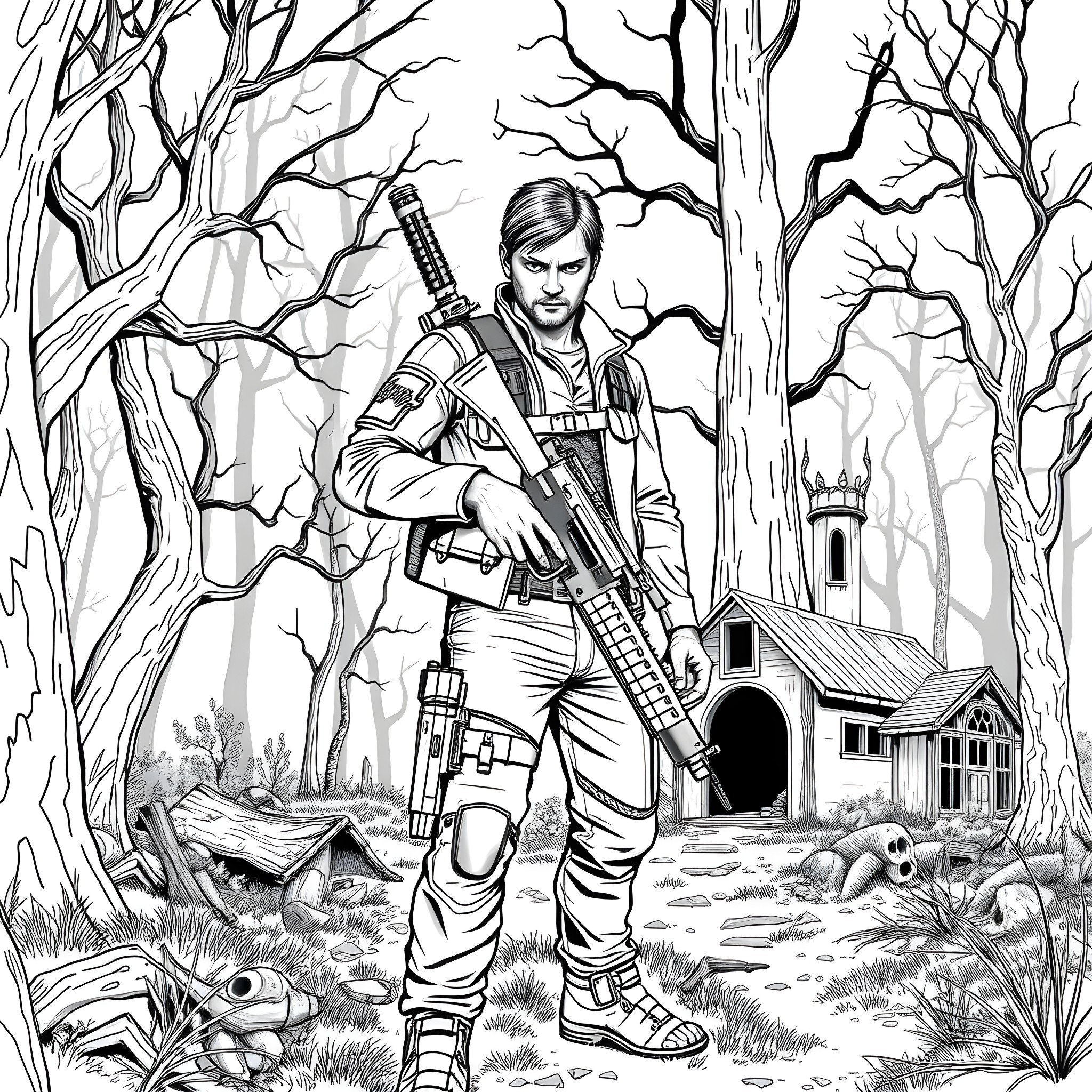 Leon Kennedy: Warrior's Solace in the Wilderness Coloring Page (free black-and-white line drawing printable PDF for all, from beginners to advanced learners, including children, teens, adults, and seniors)