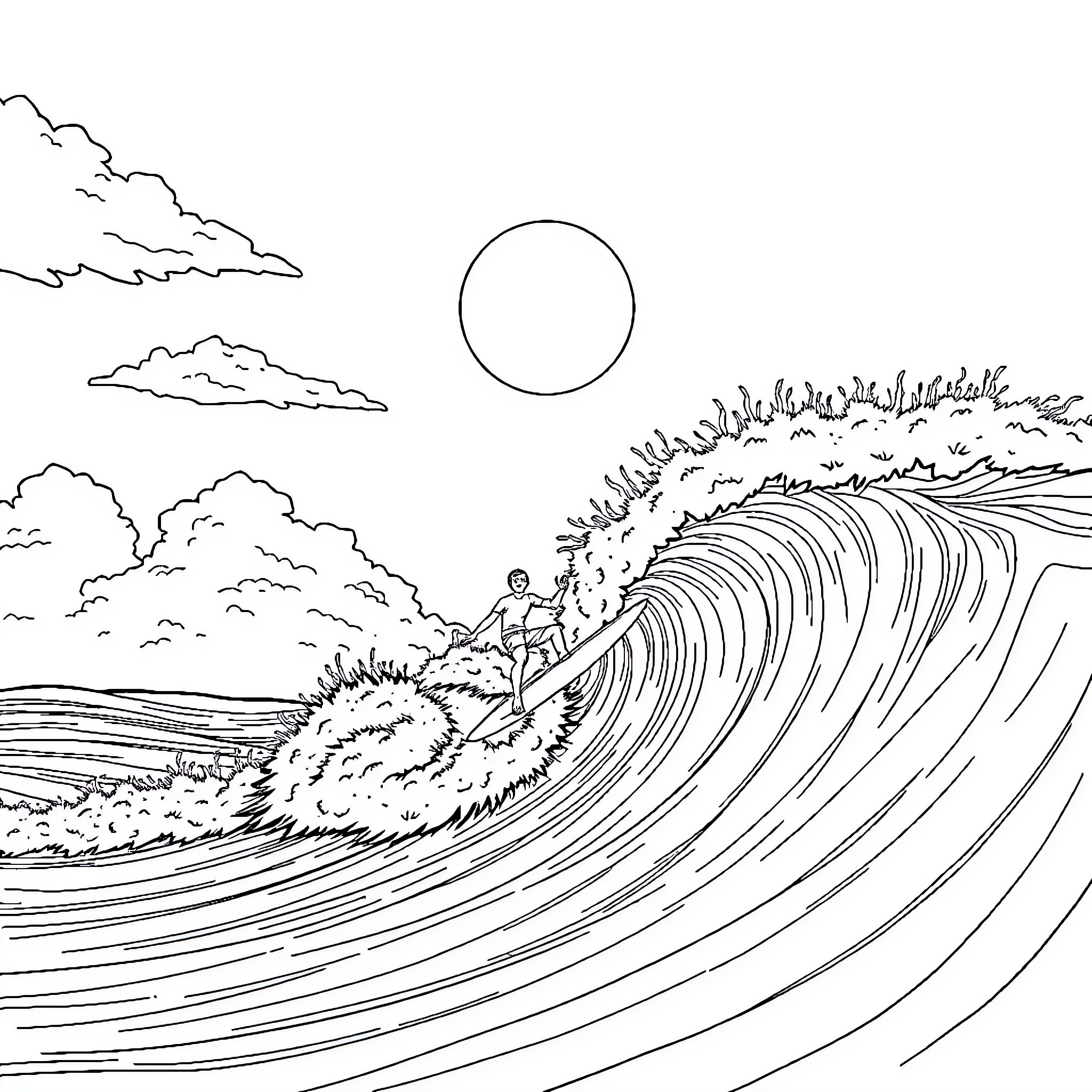 Surfer riding a massive wave in the ocean Coloring Page (free black-and-white line drawing printable PDF for all, from beginners to advanced learners, including children, teens, adults, and seniors)